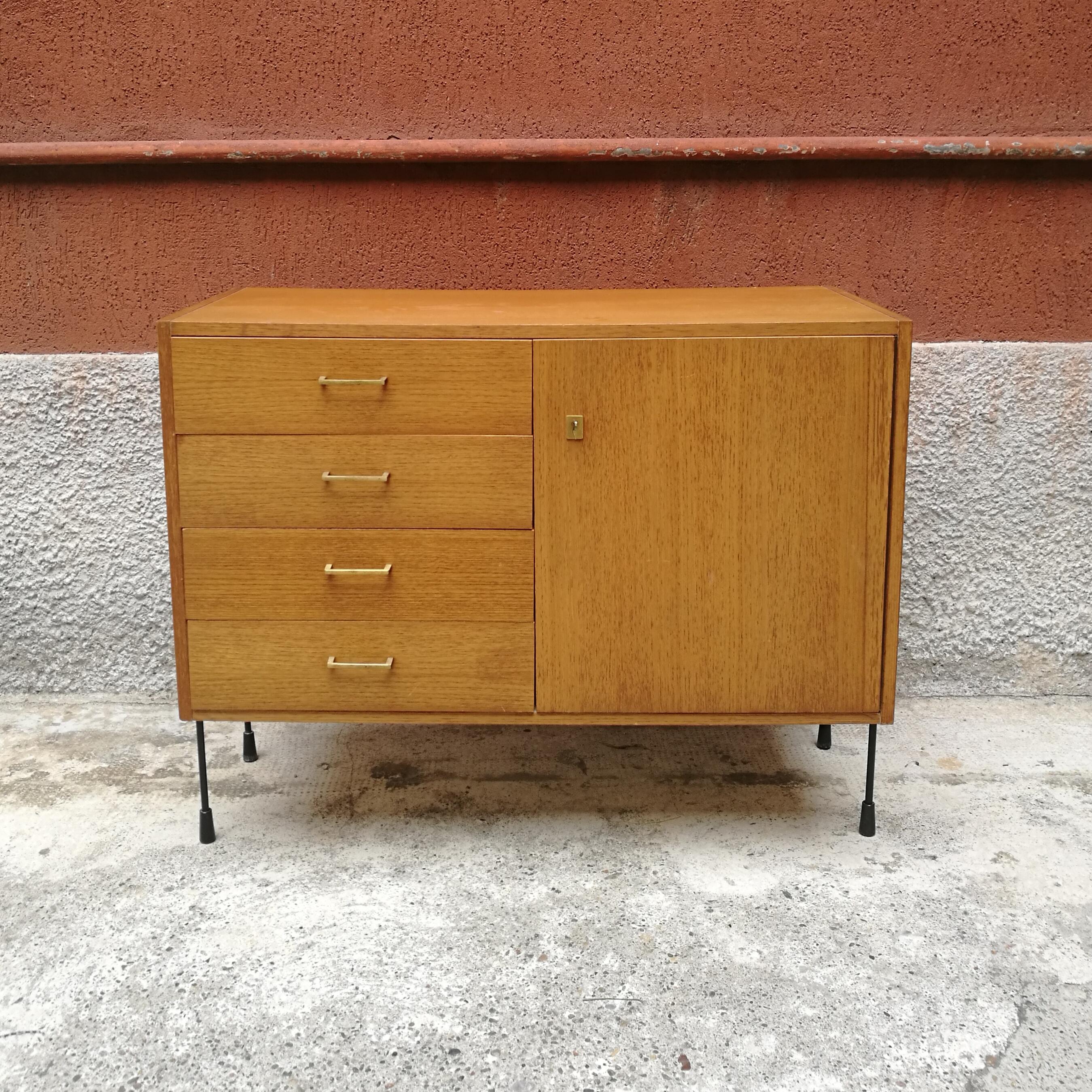Mid-Century Modern Northern Europe, One-Door and Drawers, Teak, Brass and Metal Sideboard, 1960s