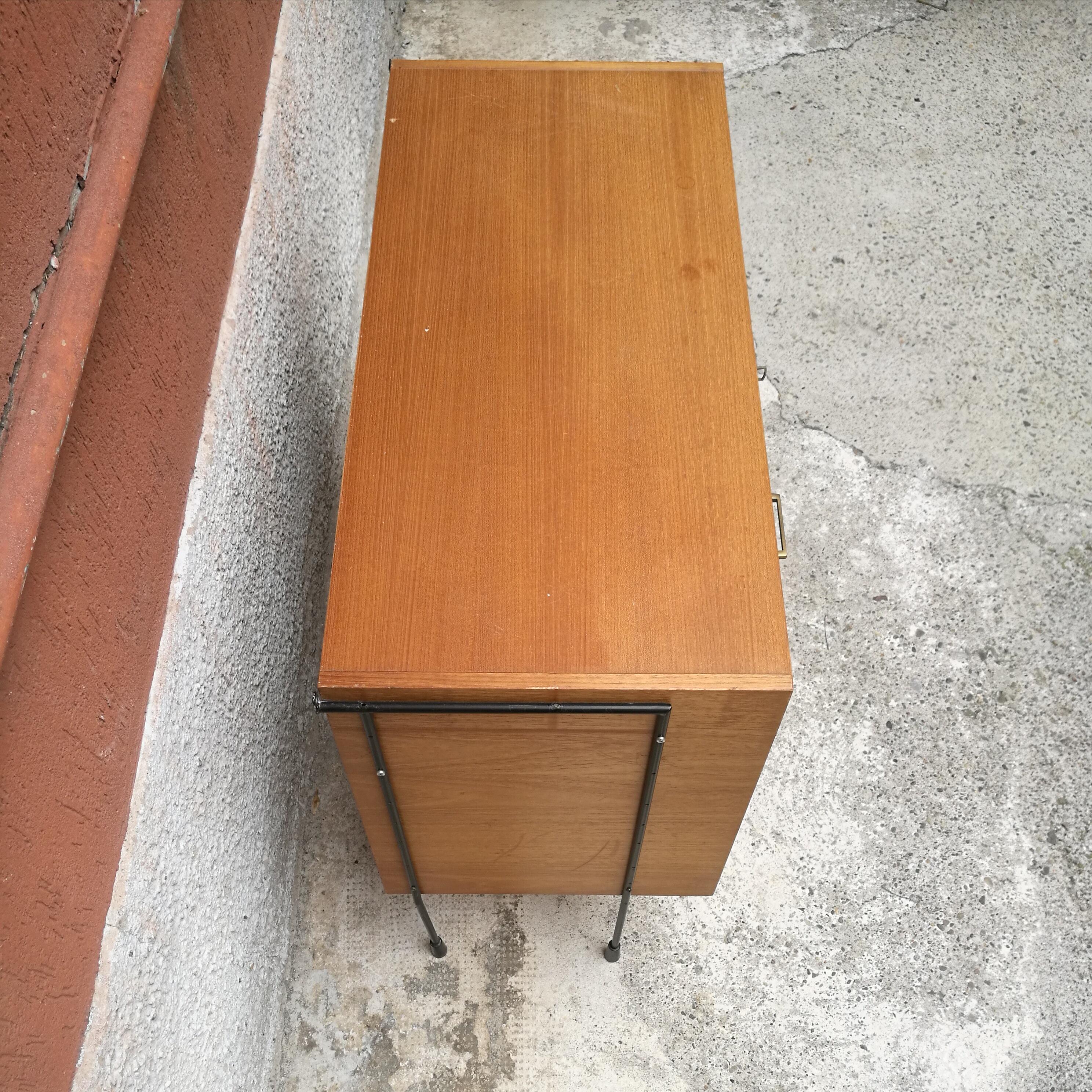 Northern Europe, One-Door and Drawers, Teak, Brass and Metal Sideboard, 1960s In Good Condition In MIlano, IT
