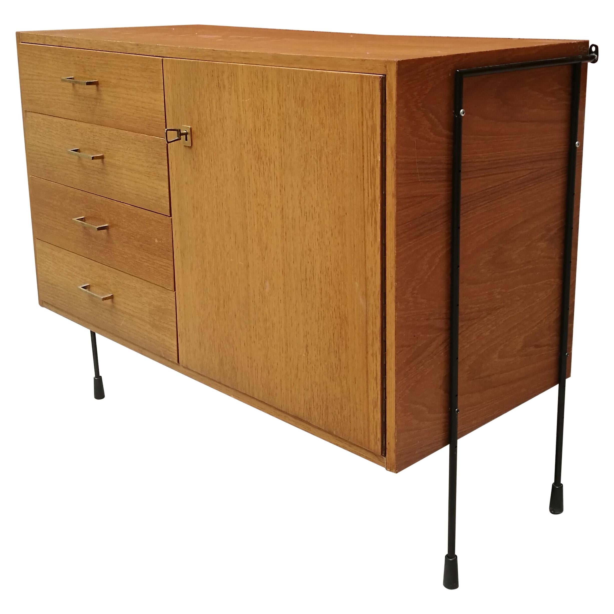 Northern Europe, One-Door and Drawers, Teak, Brass and Metal Sideboard, 1960s