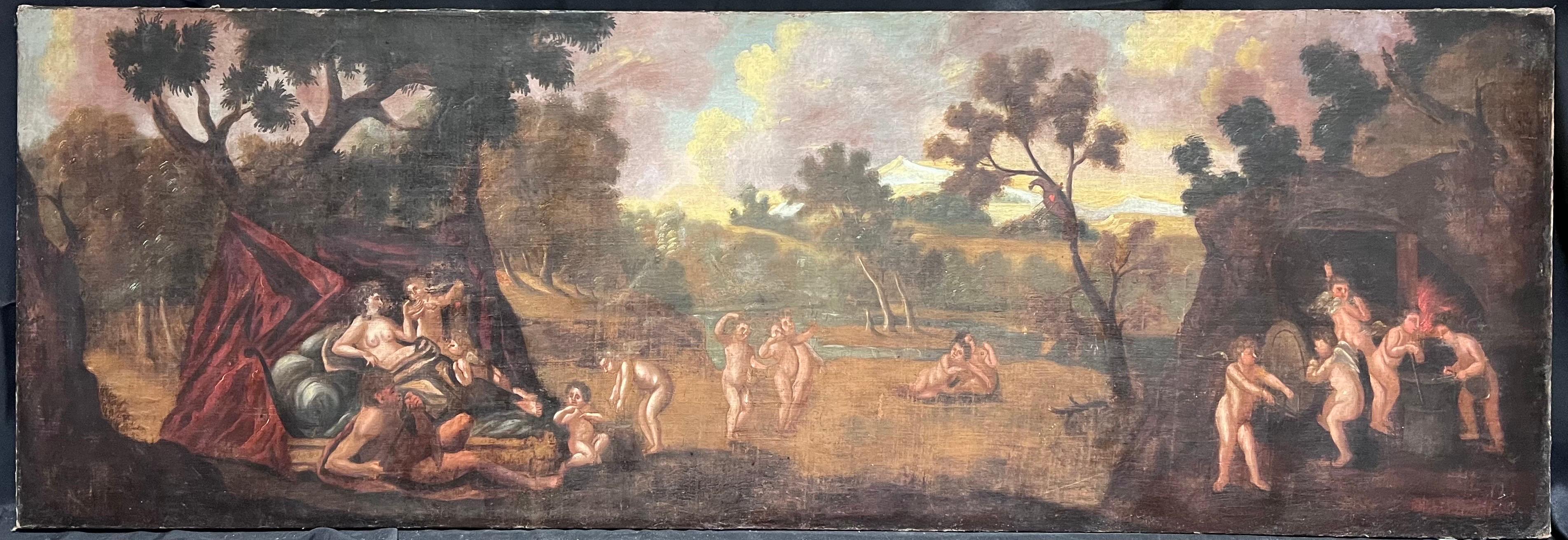 Huge Old Master Oil Painting 17th century Diana & Cupids in Panoramic Landscape - Gray Figurative Painting by Northern European 17th Century