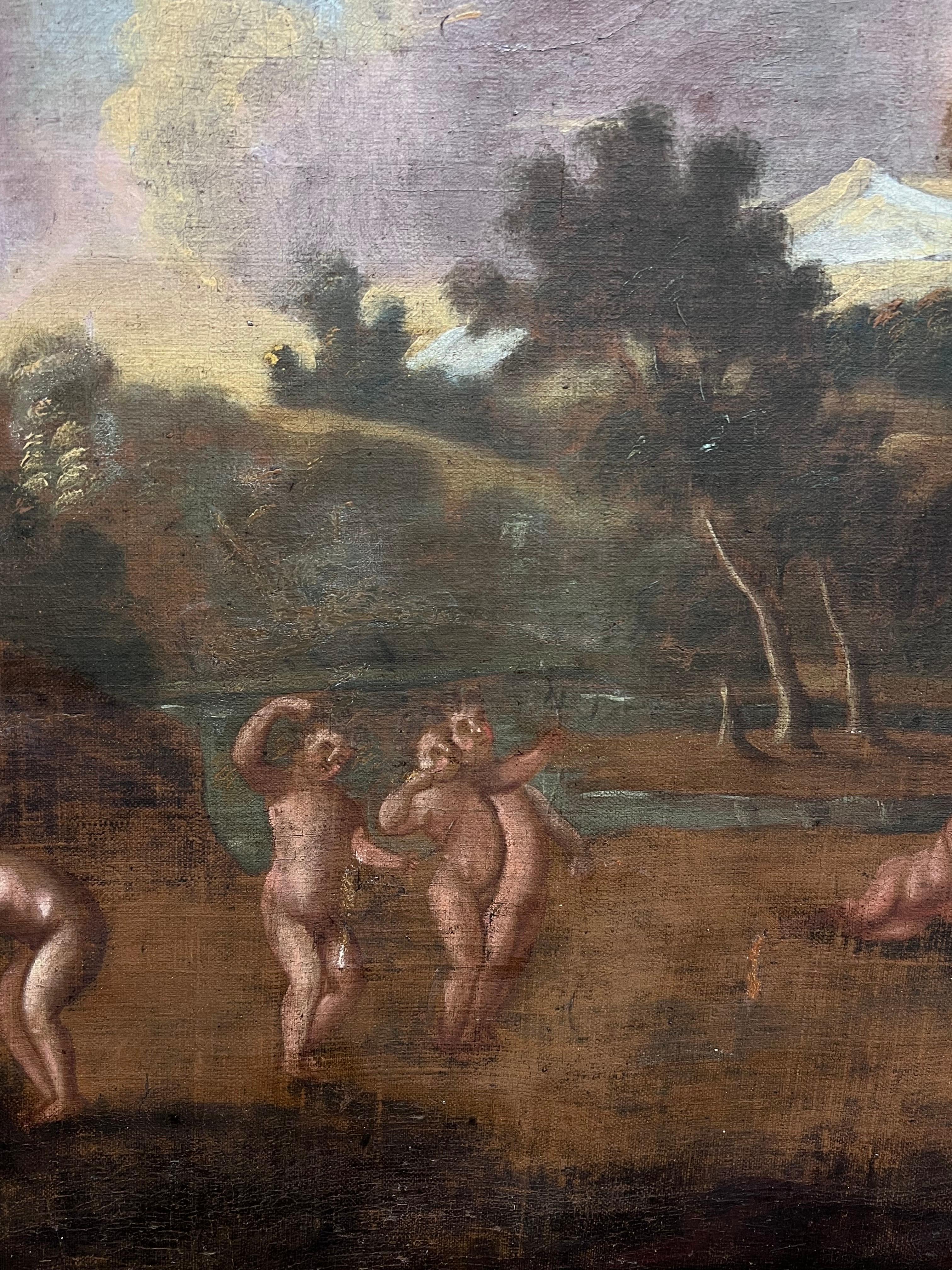 Huge Old Master Oil Painting 17th century Diana & Cupids in Panoramic Landscape For Sale 1
