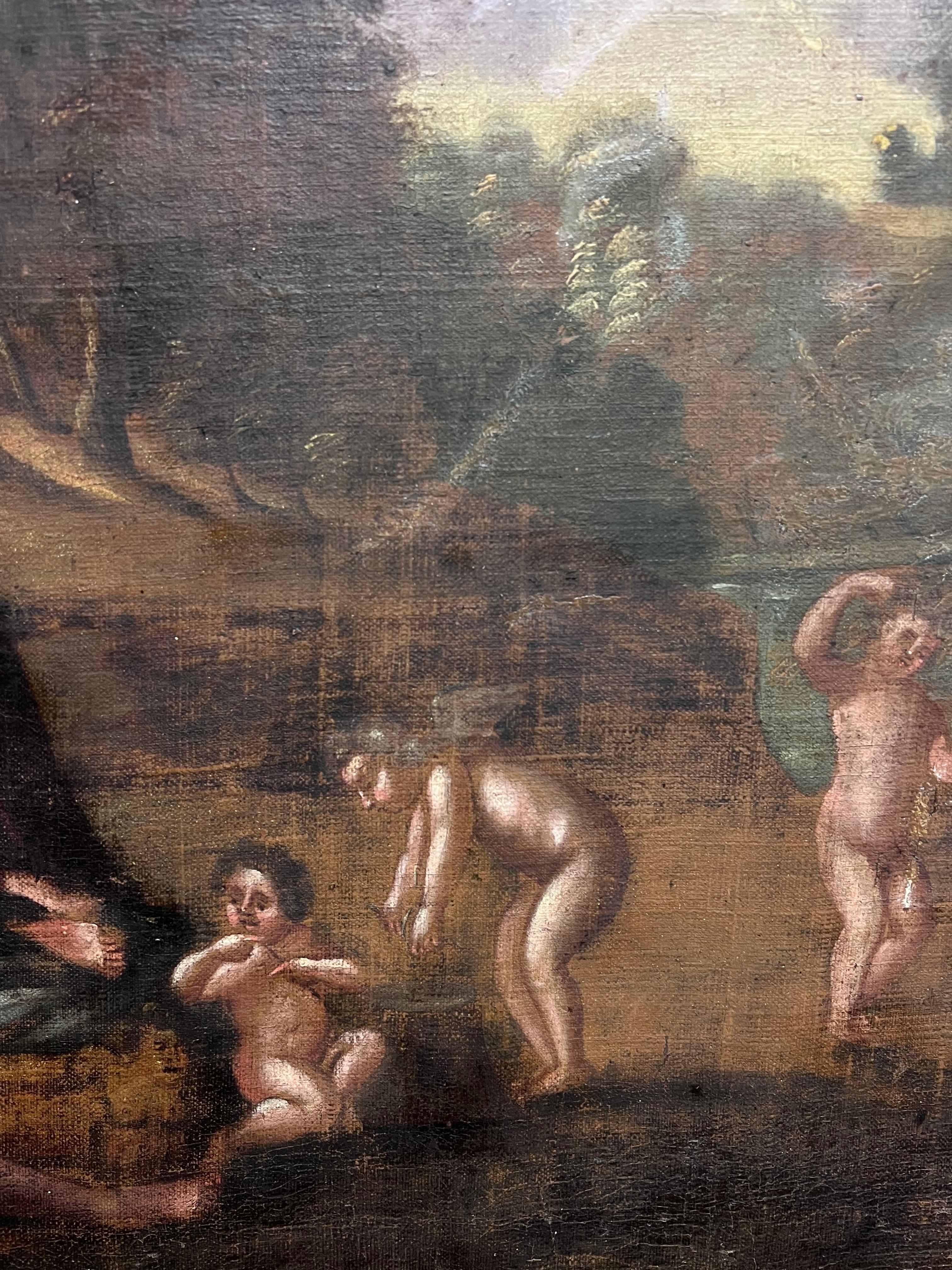 Huge Old Master Oil Painting 17th century Diana & Cupids in Panoramic Landscape For Sale 3