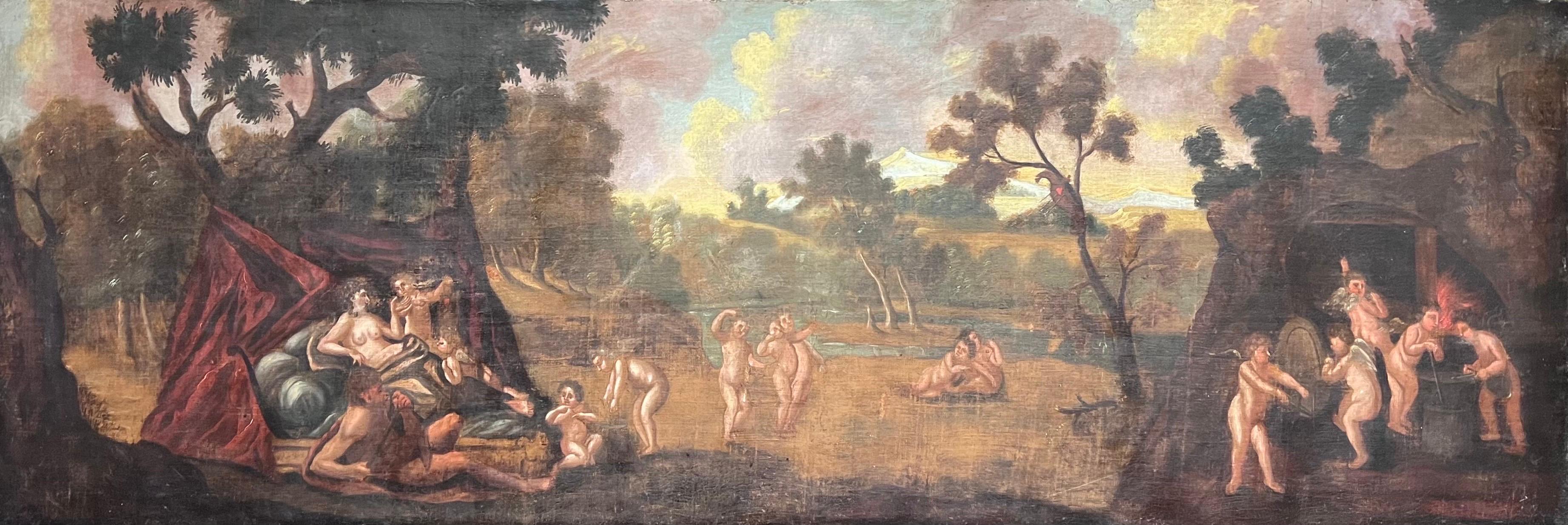 Enorme pintura al óleo del siglo XVII Diana y Cupidos en un paisaje panorámico