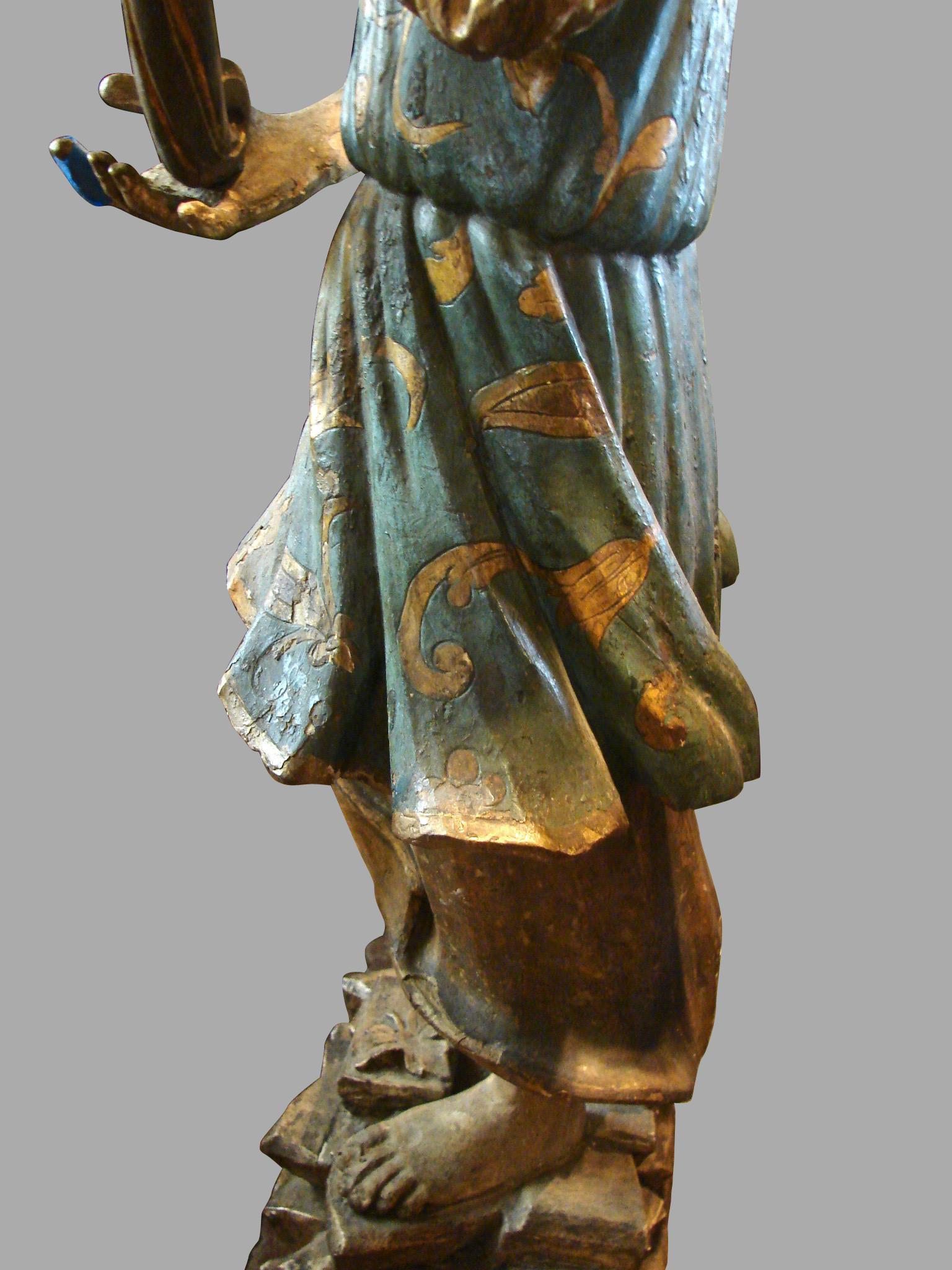 Northern European Large Scale Carved Polychrome Figure of Boy on Rock Plinth 7