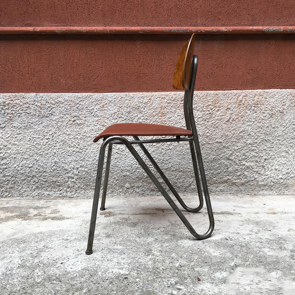 German Northern European Metal Tubing, Wooden Back and Leather Seat Chair, 1940s