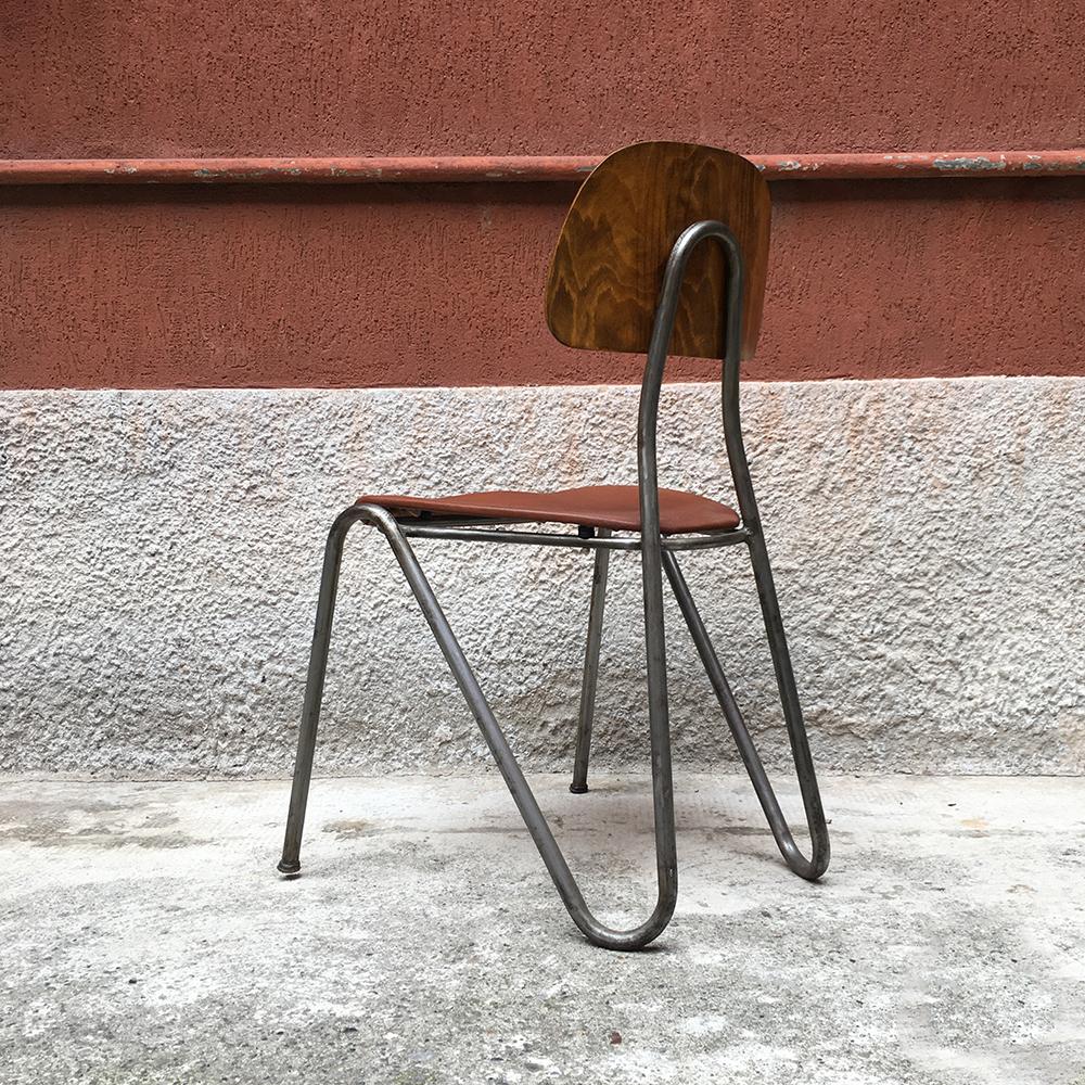 Northern European Metal Tubing, Wooden Back and Leather Seat Chair, 1940s In Good Condition In MIlano, IT
