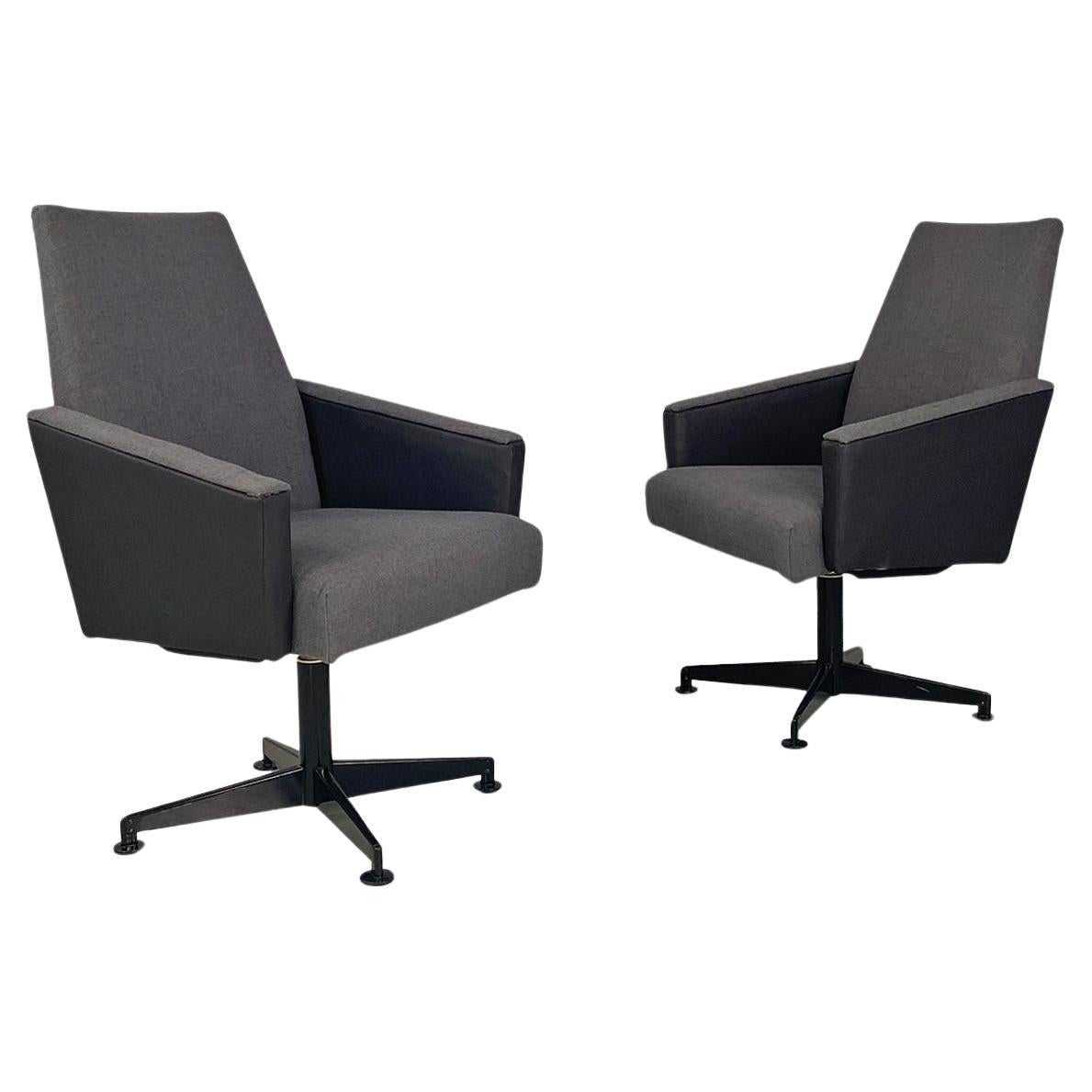 Northern European mid-century modern grey fabric & metal swivels armchairs 1960s