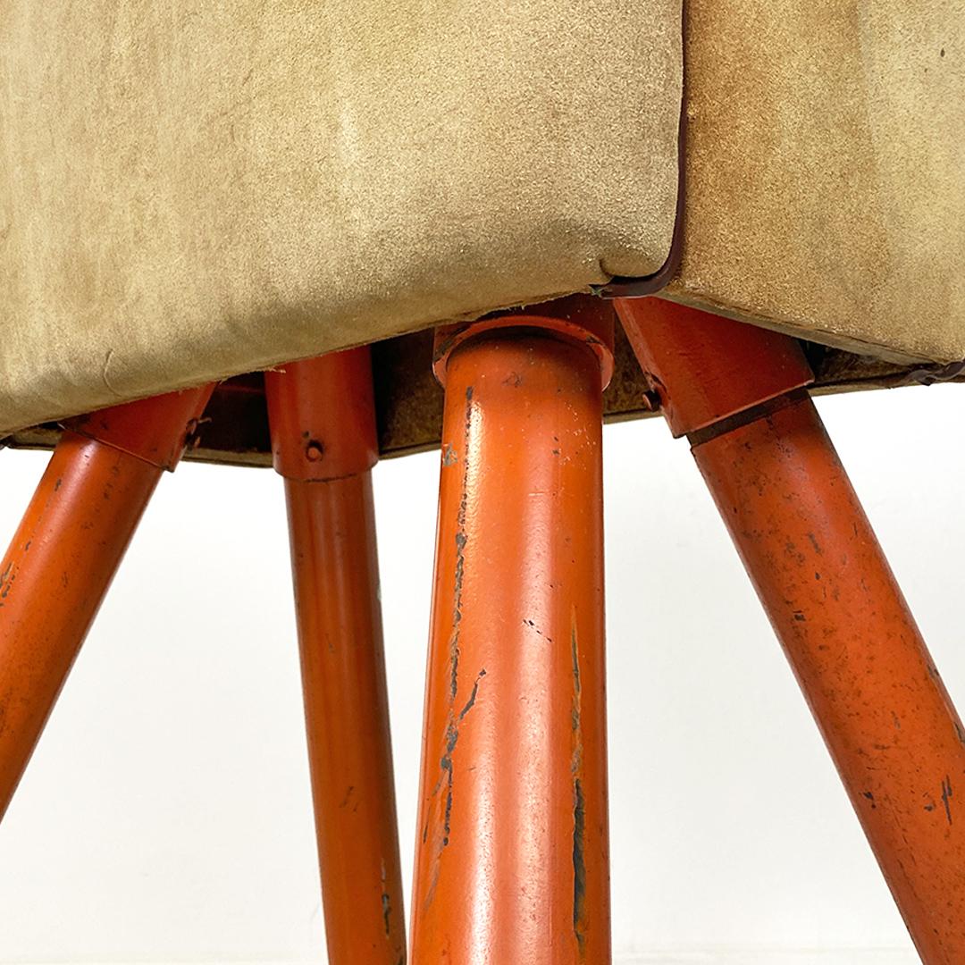 Mid-20th Century Northern European Midcentury Orange Metal and Brown Tan Suede Gym Horse, 1960s For Sale