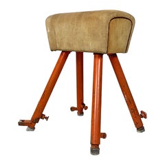 Vintage Northern European Midcentury Orange Metal and Brown Tan Suede Gym Horse, 1960s