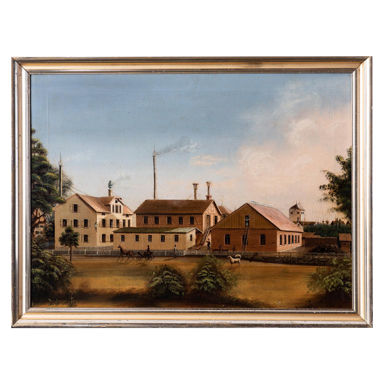 Northern European Oil on Canvas Painting of a Factory Complex, circa 1850 For Sale