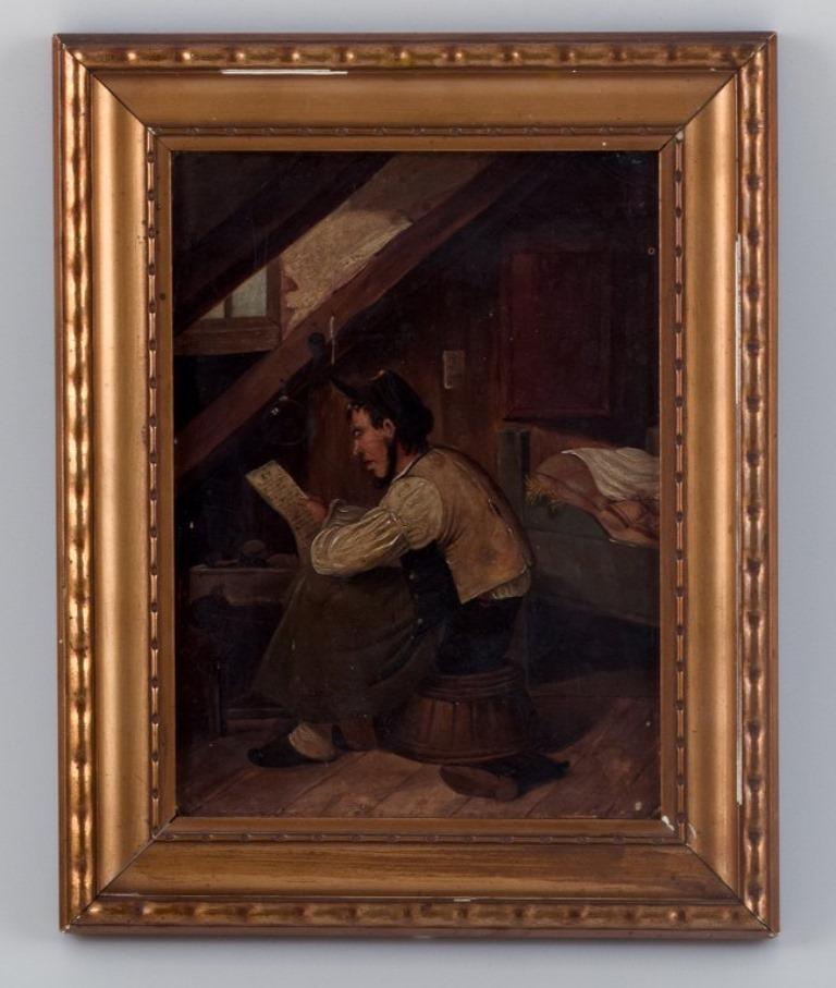 Northern European painter. Oil painting on board.
Interior of the attic chamber with a reading man.
19th century.
Presumably unsigned.
In good condition.
Dimensions: W 14.0 x H 19.0 cm.
Total dimensions with frame: 20.0 x 25.5 cm.