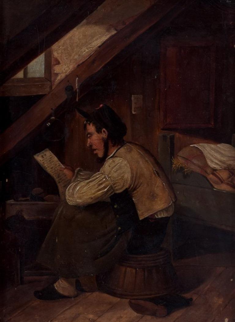 Unknown Northern European painter. Oil painting on board. Attic chamber with reading man For Sale