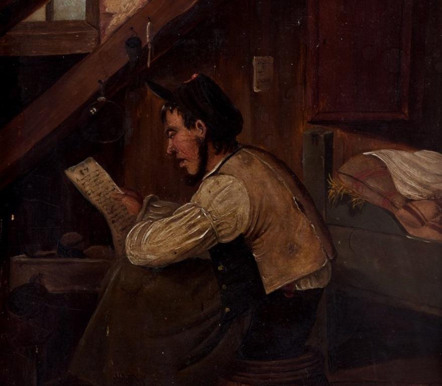 Northern European painter. Oil painting on board. Attic chamber with reading man In Good Condition For Sale In Copenhagen, DK