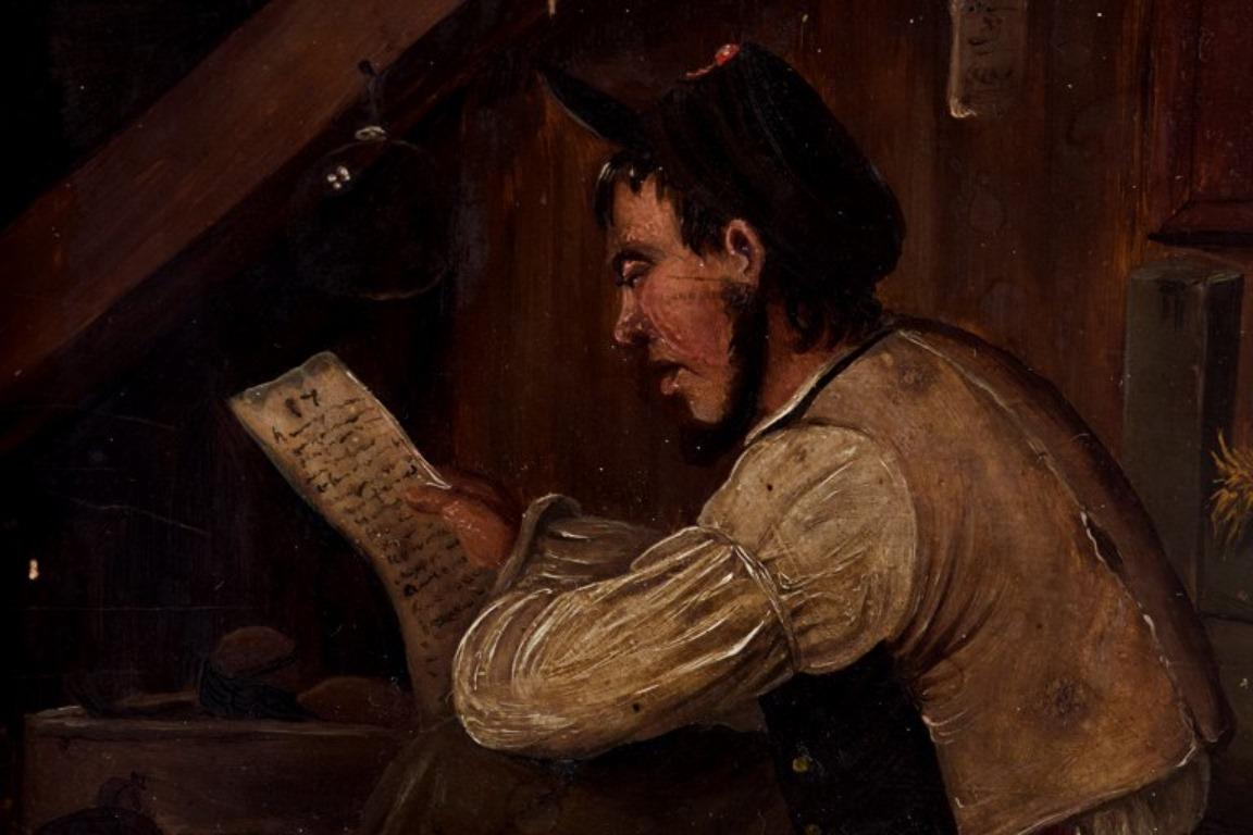 19th Century Northern European painter. Oil painting on board. Attic chamber with reading man For Sale