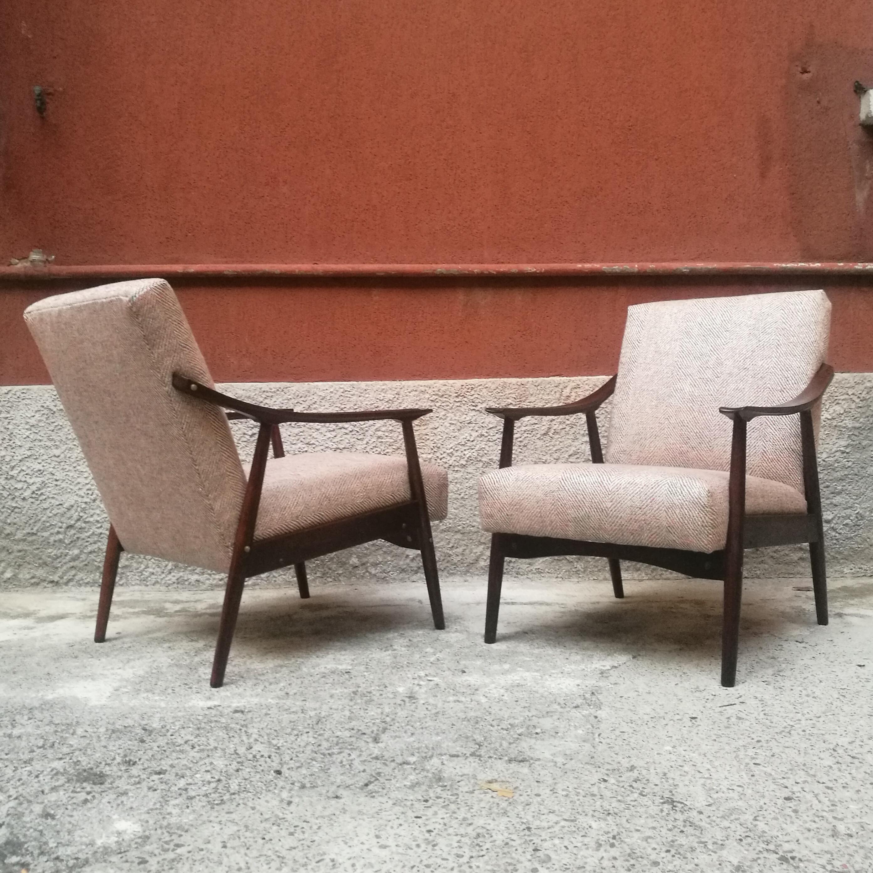 Mid-Century Modern Northern European Beech and Colored Fabric Armchairs, 1960