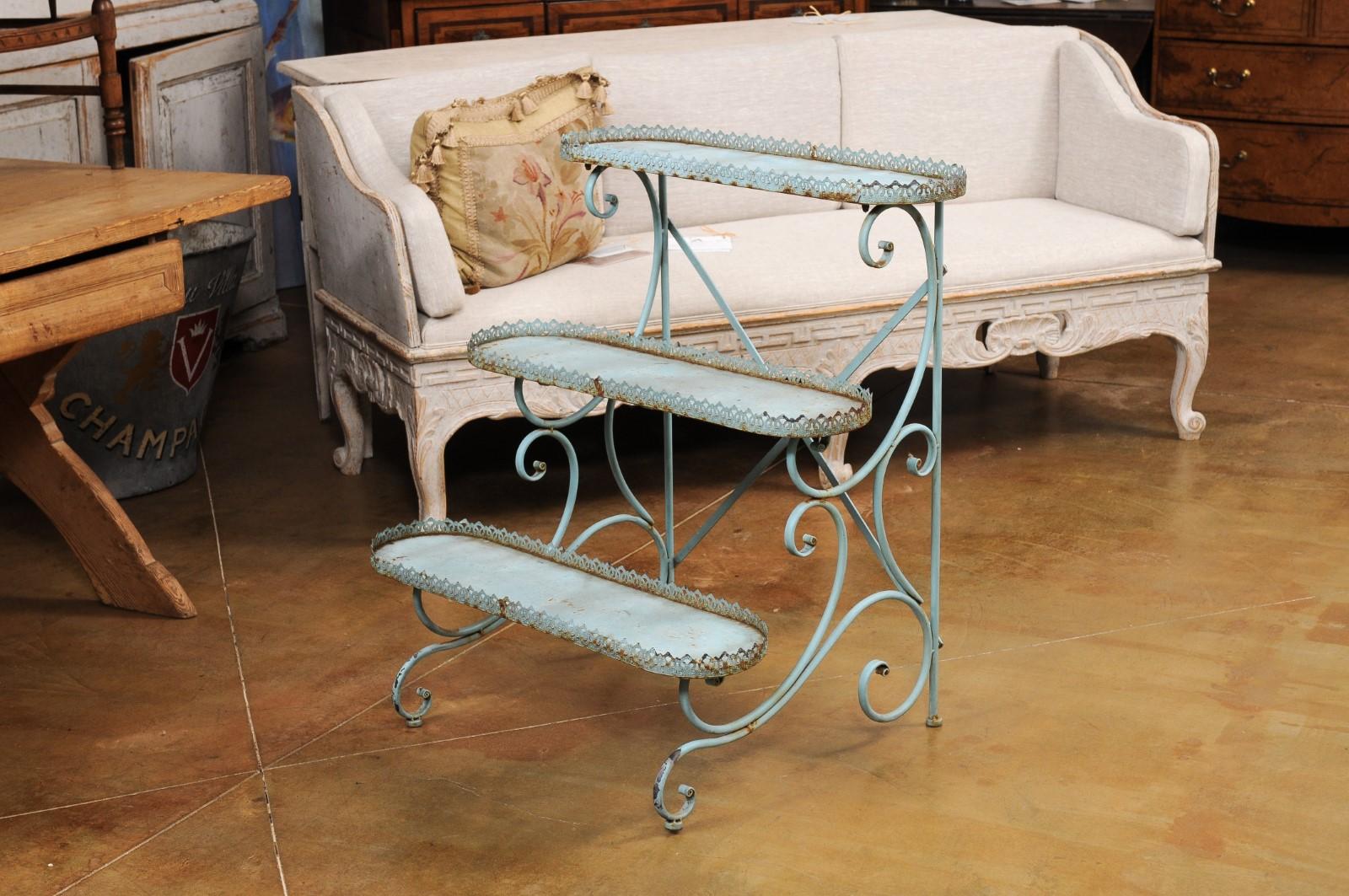 Northern French Blue Painted Iron Three-Tiered Flower Stand with Pierced Gallery 6