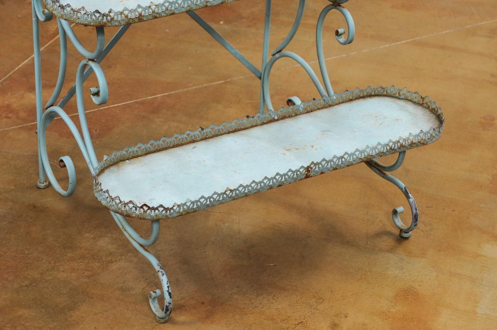 20th Century Northern French Blue Painted Iron Three-Tiered Flower Stand with Pierced Gallery