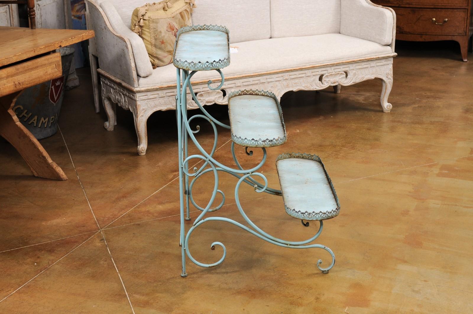 Northern French Blue Painted Iron Three-Tiered Flower Stand with Pierced Gallery 1