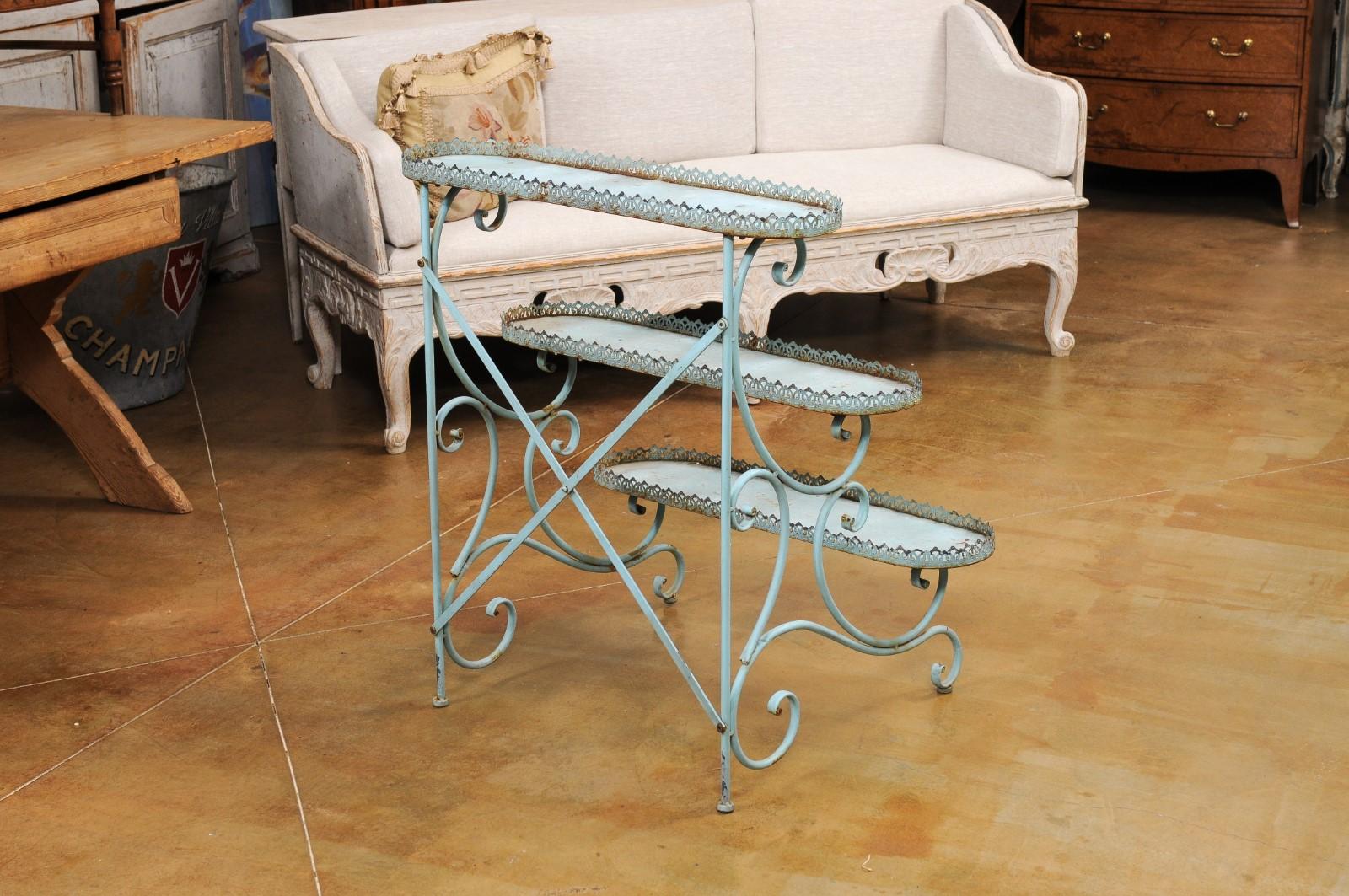 Northern French Blue Painted Iron Three-Tiered Flower Stand with Pierced Gallery 2