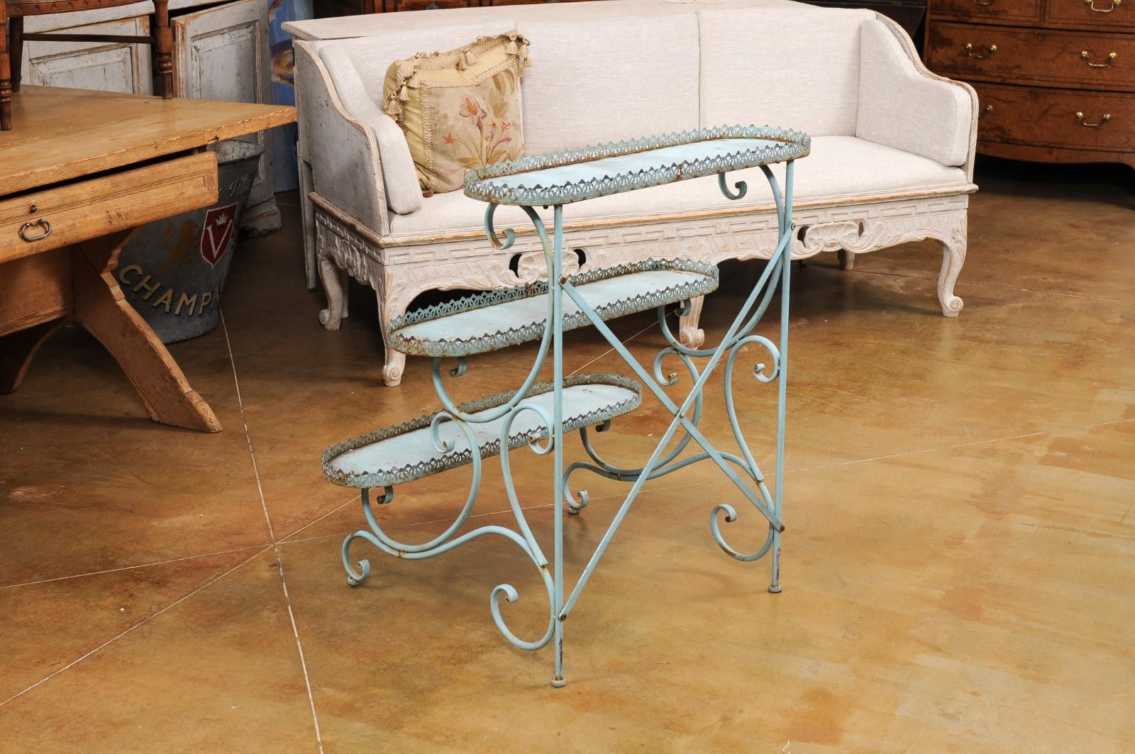 Northern French Blue Painted Iron Three-Tiered Flower Stand with Pierced Gallery For Sale 4