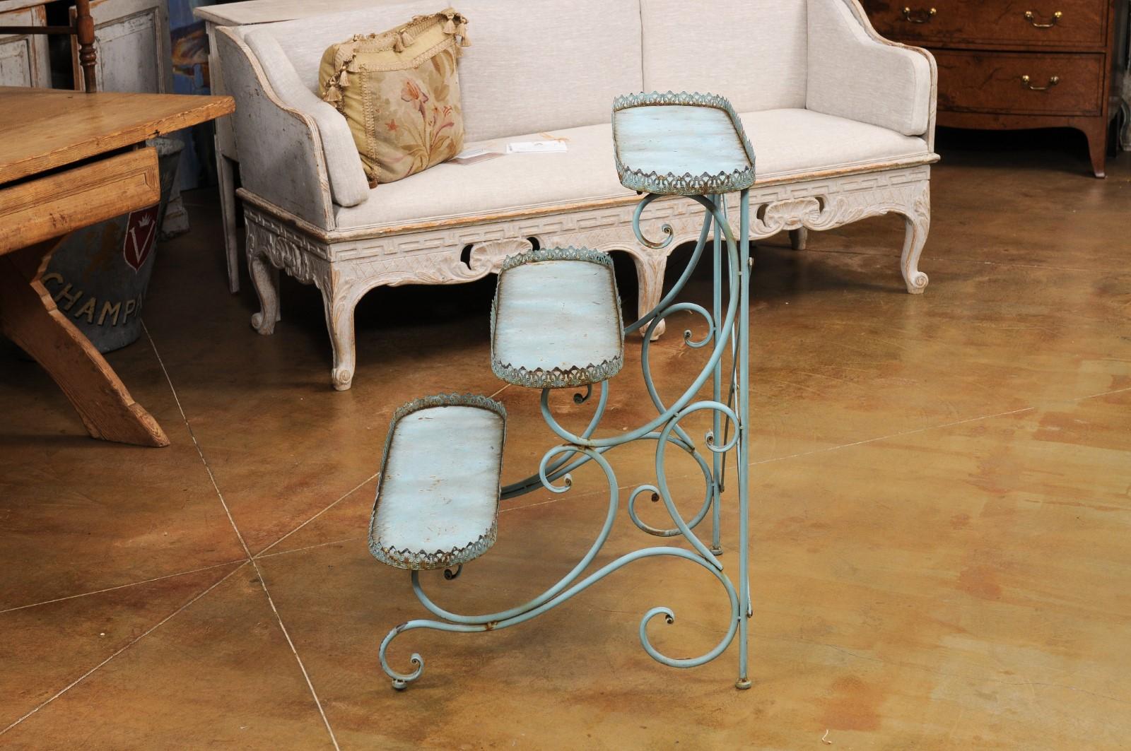 Northern French Blue Painted Iron Three-Tiered Flower Stand with Pierced Gallery For Sale 5