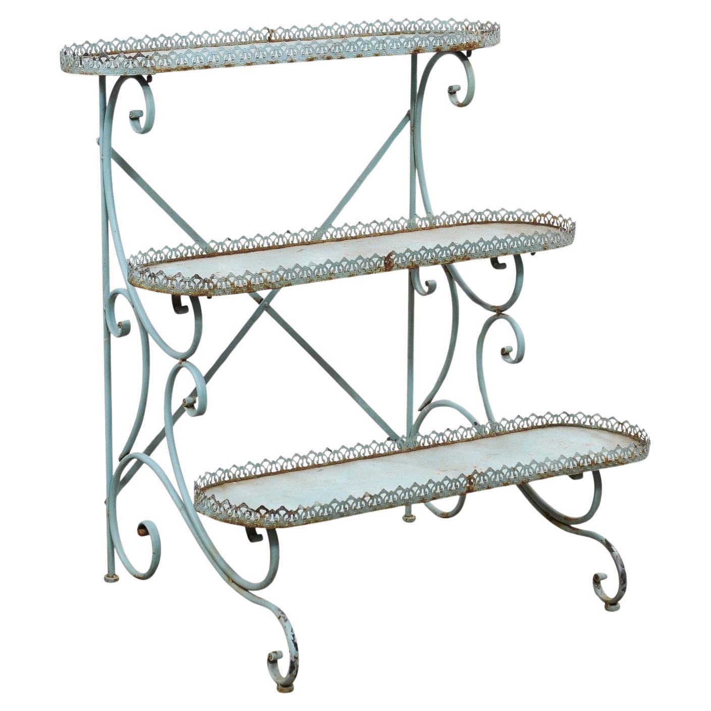 Northern French Blue Painted Iron Three-Tiered Flower Stand with Pierced Gallery For Sale