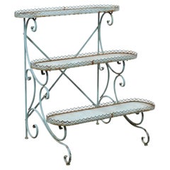 Antique Northern French Blue Painted Iron Three-Tiered Flower Stand with Pierced Gallery