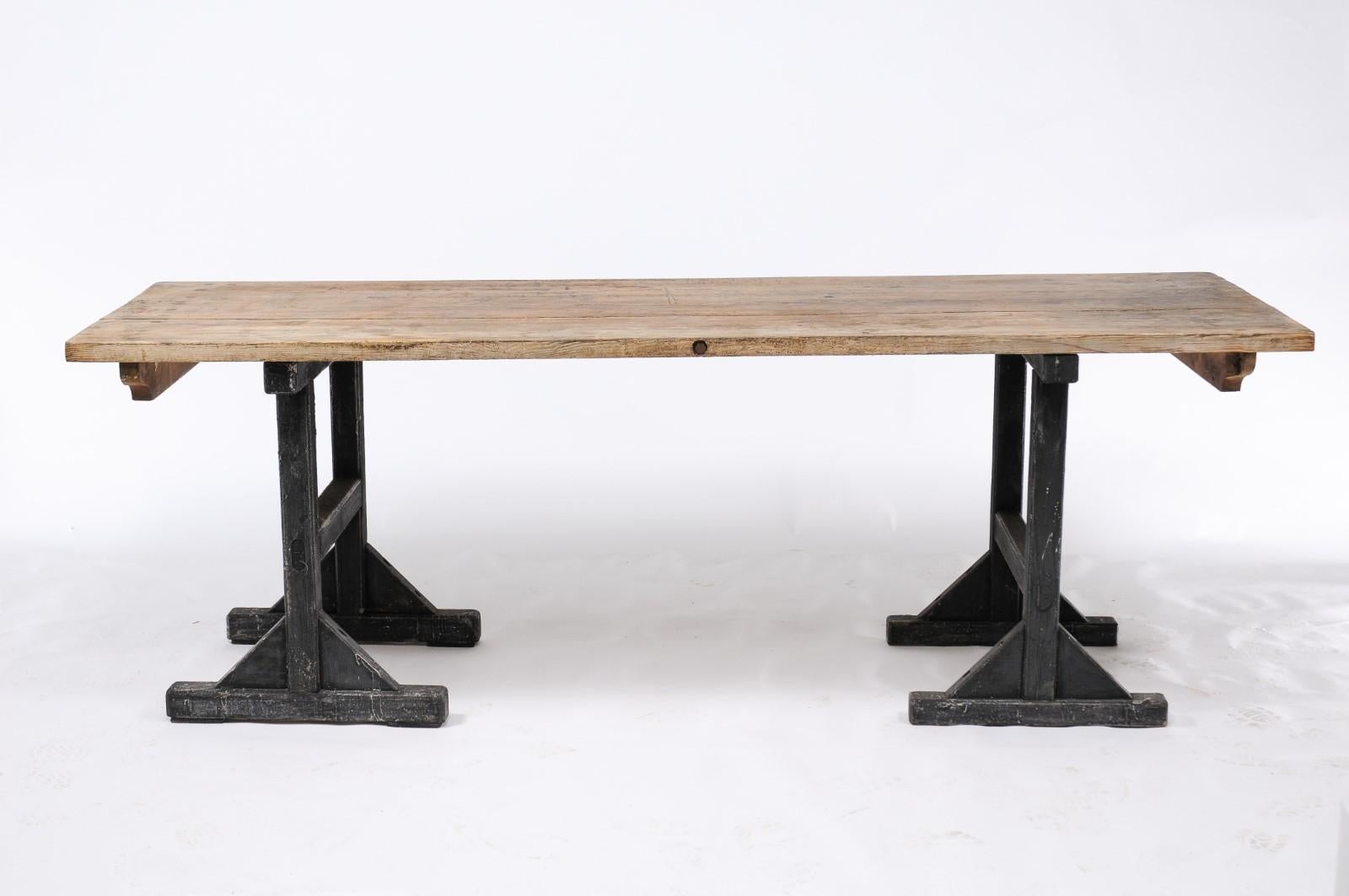 Northern French Long Pine Work Table with Black-Painted Trestle Base, circa 1920 3