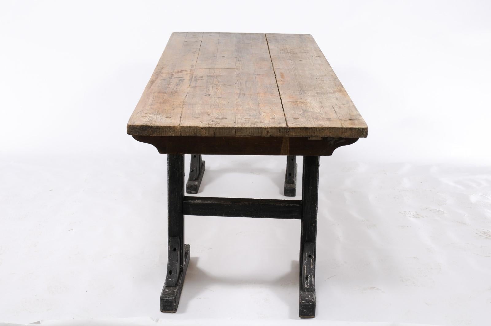 Northern French Long Pine Work Table with Black-Painted Trestle Base, circa 1920 4