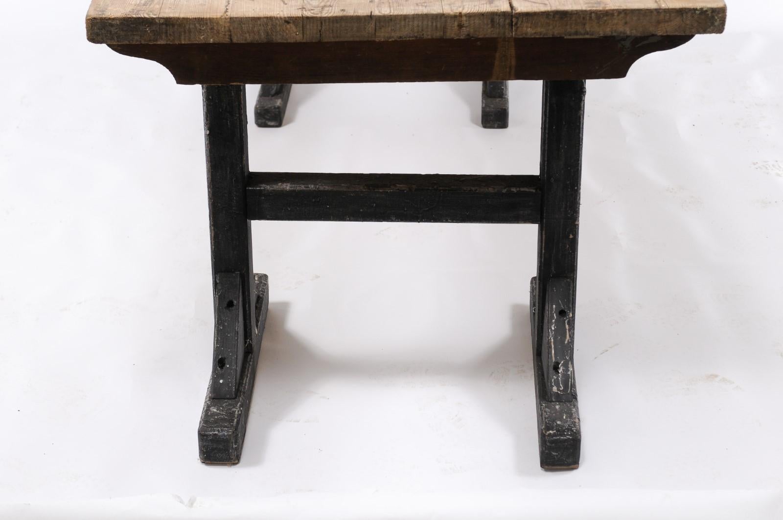 Northern French Long Pine Work Table with Black-Painted Trestle Base, circa 1920 5