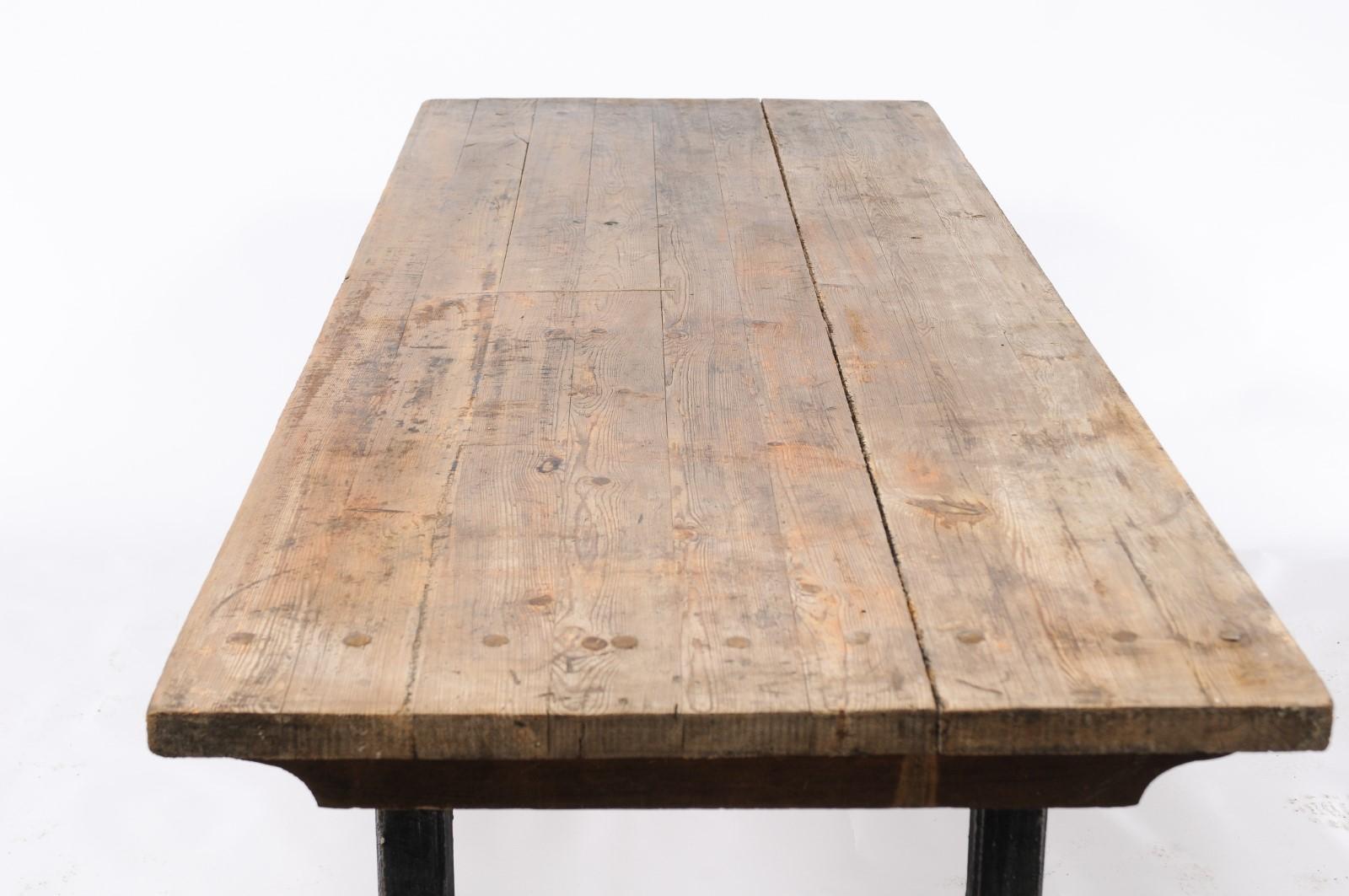Northern French Long Pine Work Table with Black-Painted Trestle Base, circa 1920 6