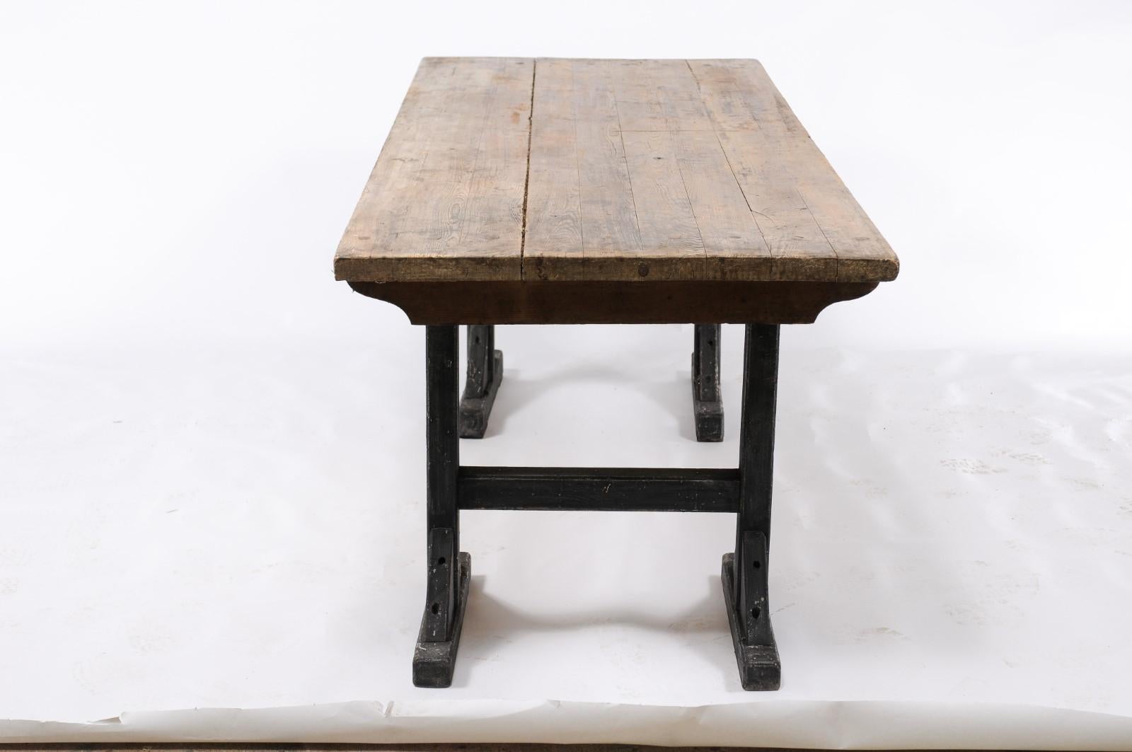 Northern French Long Pine Work Table with Black-Painted Trestle Base, circa 1920 1