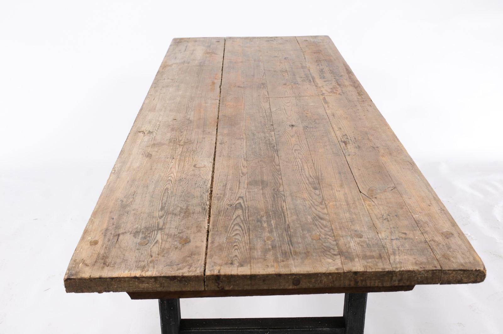 Northern French Long Pine Work Table with Black-Painted Trestle Base, circa 1920 2