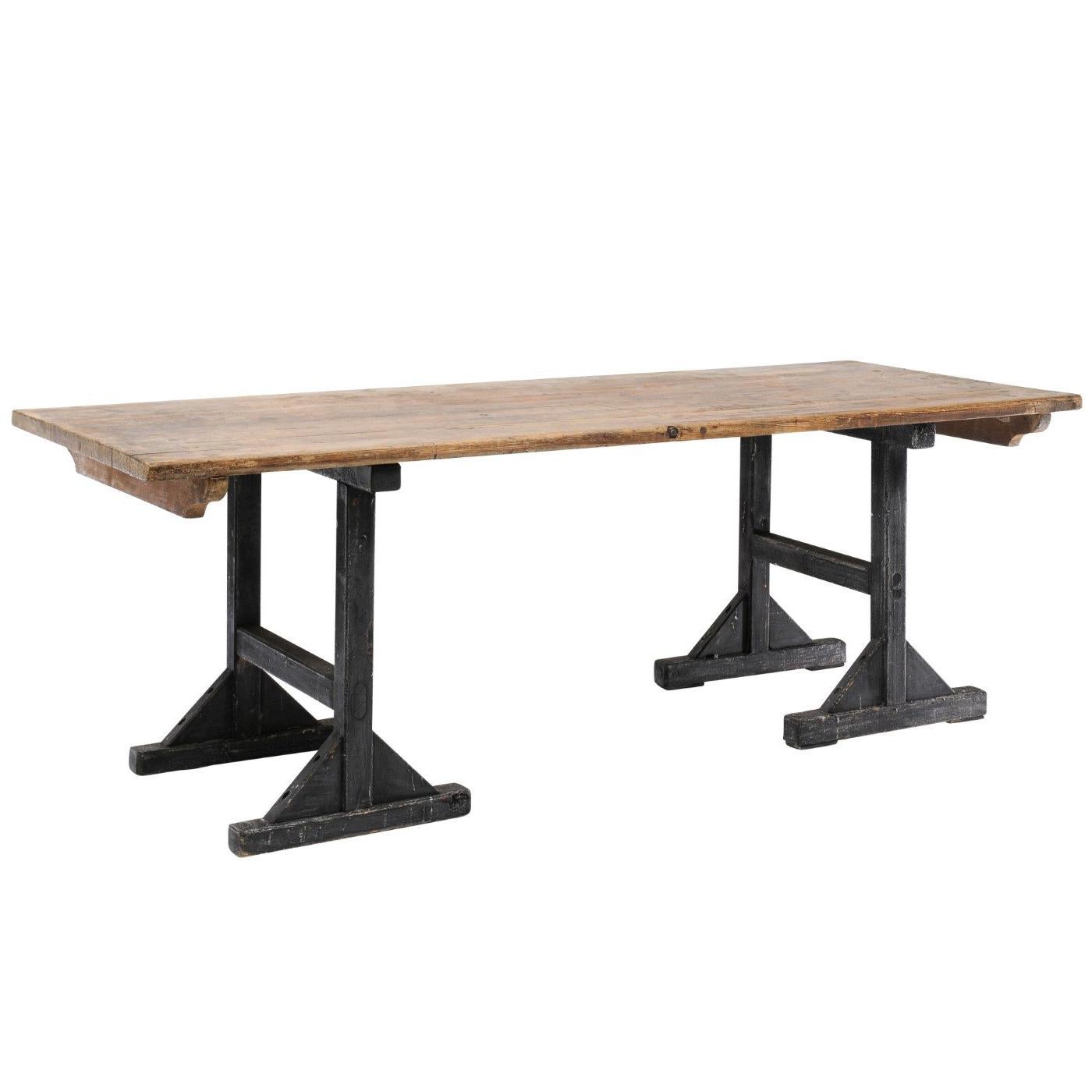 Northern French Long Pine Work Table with Black-Painted Trestle Base, circa 1920