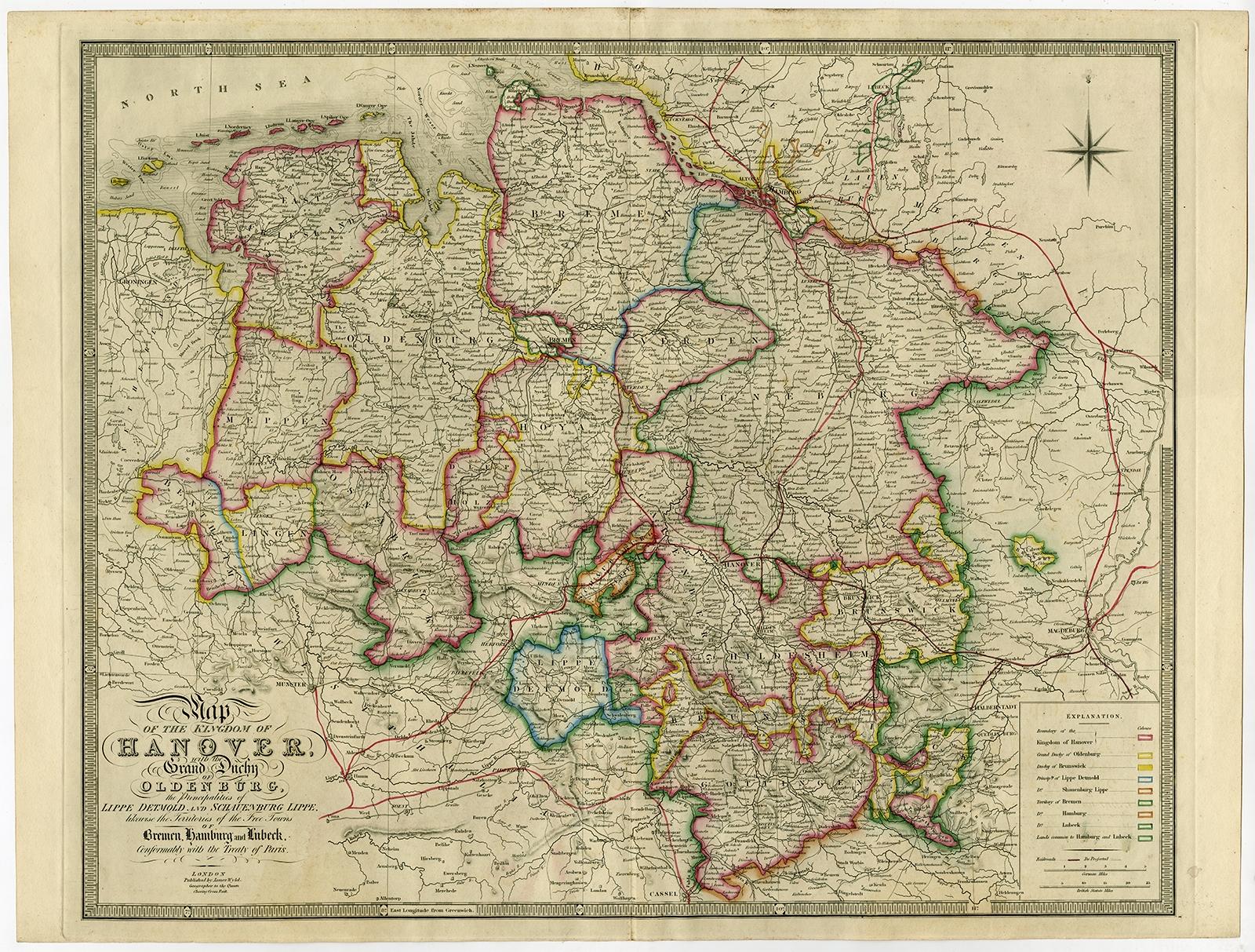 Antique map titled 'Map of the Kingdom of Hanover, with the Grand Duchy of Oldenburg, the principalities of Lippe Detmold and Schauenburg Lippe (..)'. 

Map of Northern Germany including Hanover, Oldenburg, Lippe, Bremen, Hamburg and Lubeck. From