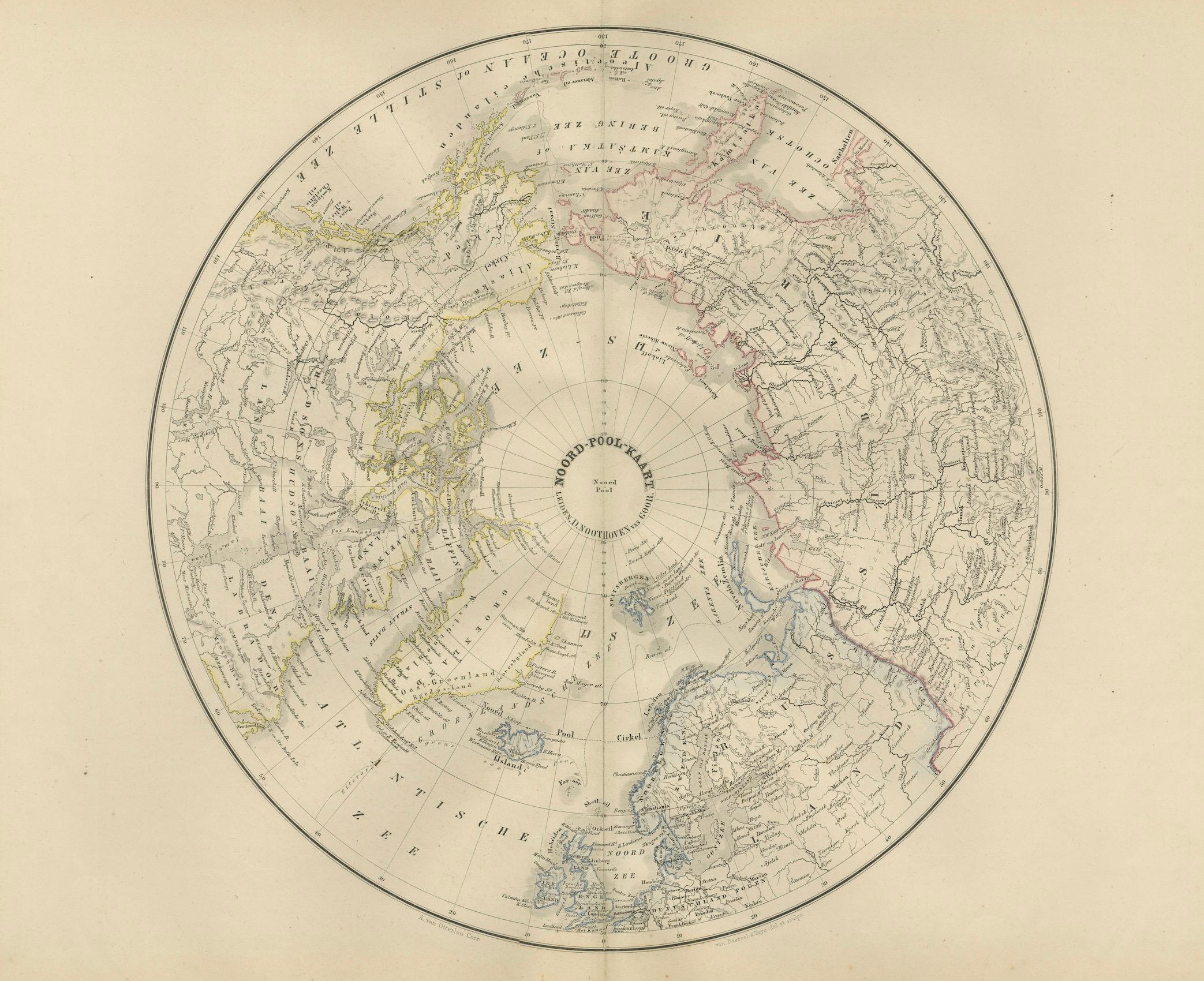 Titre : Carte de l'hémisphère nord centrée sur le pôle nord, Leyde 1876

Description :
Cette carte néerlandaise du XIXe siècle intitulée 