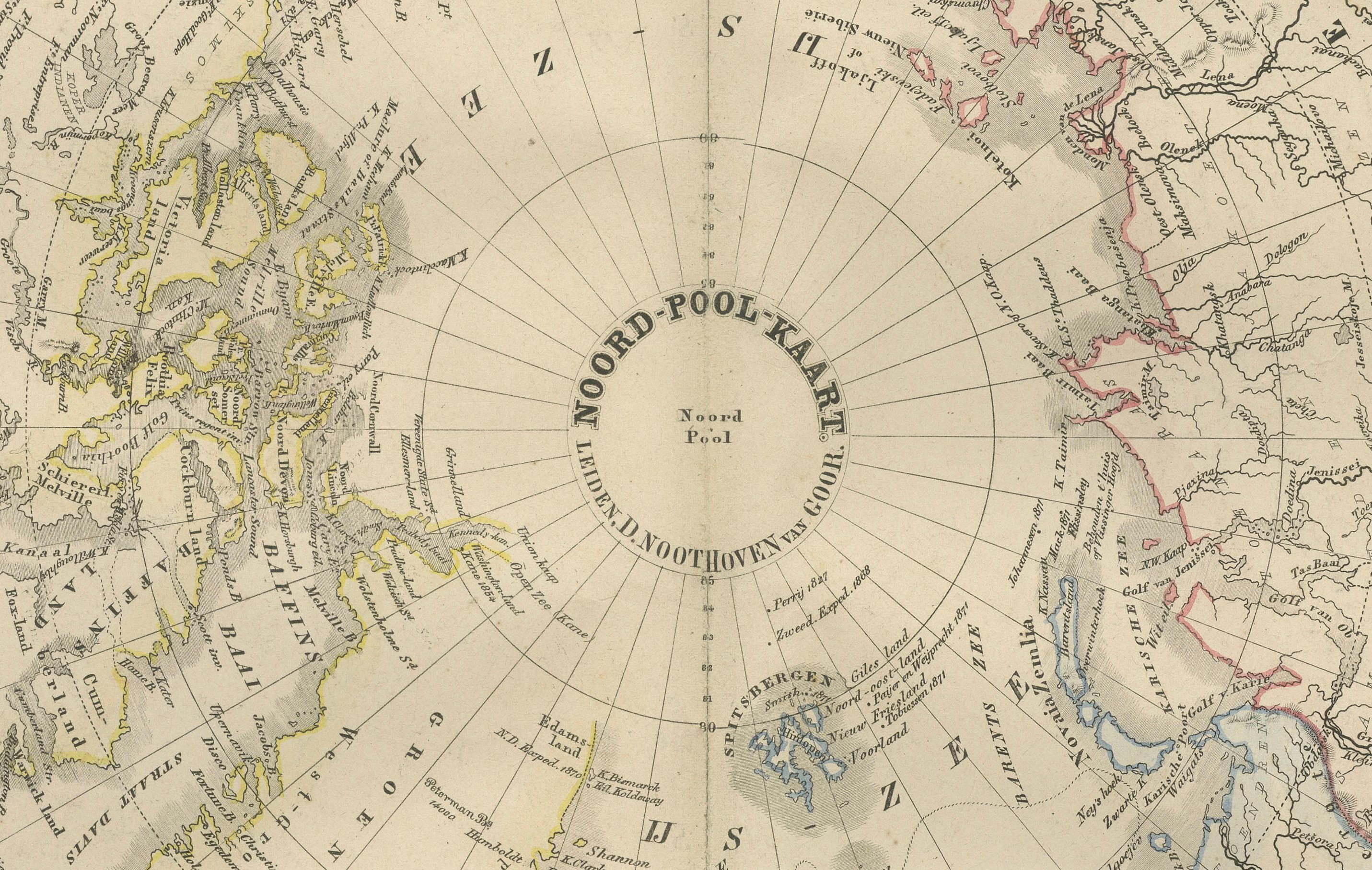 Néerlandais Carte de l'hémisphère nord centrée sur le pôle nord, Leyde 1876 en vente