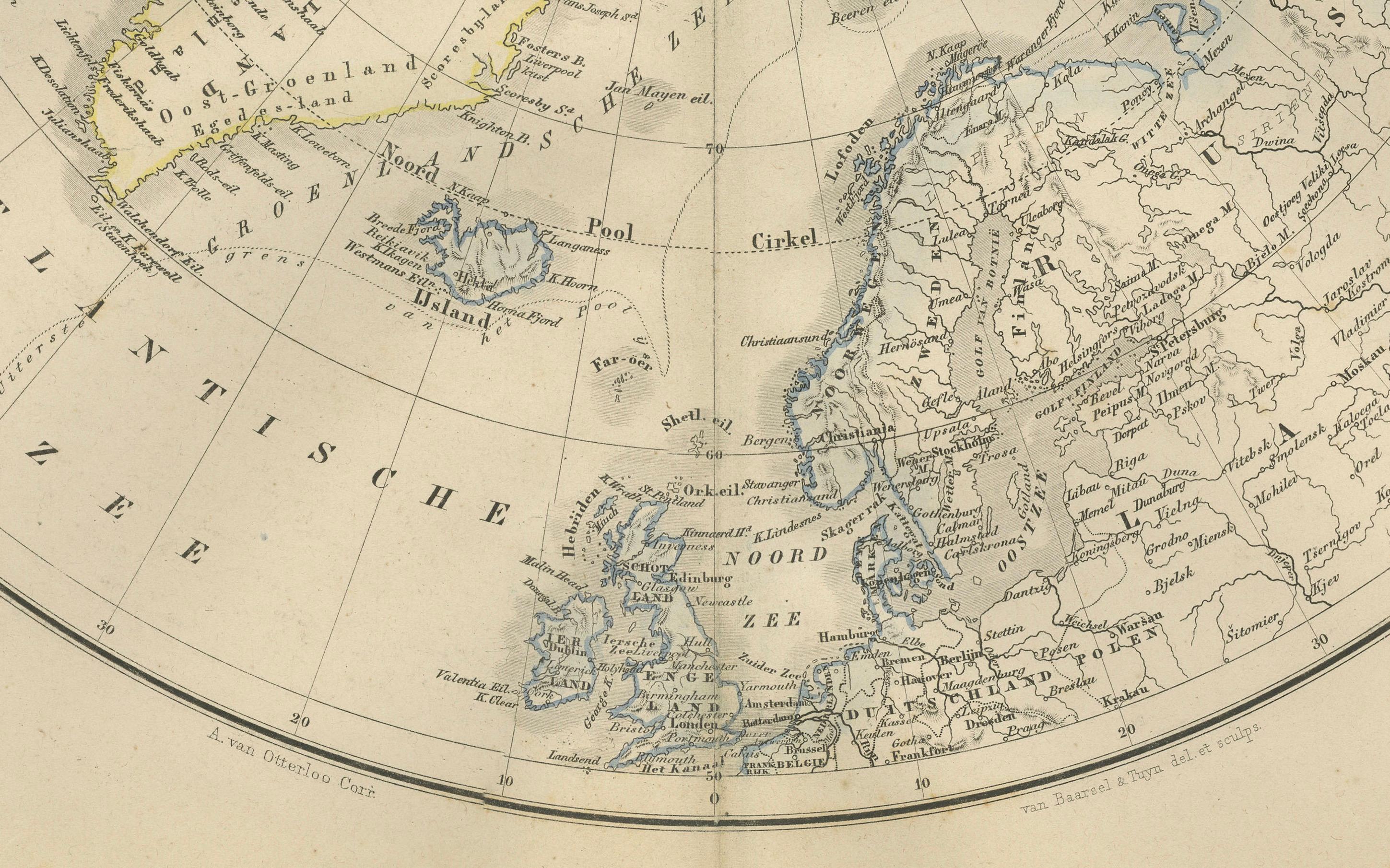 Carte de l'hémisphère nord centrée sur le pôle nord, Leyde 1876 Bon état - En vente à Langweer, NL