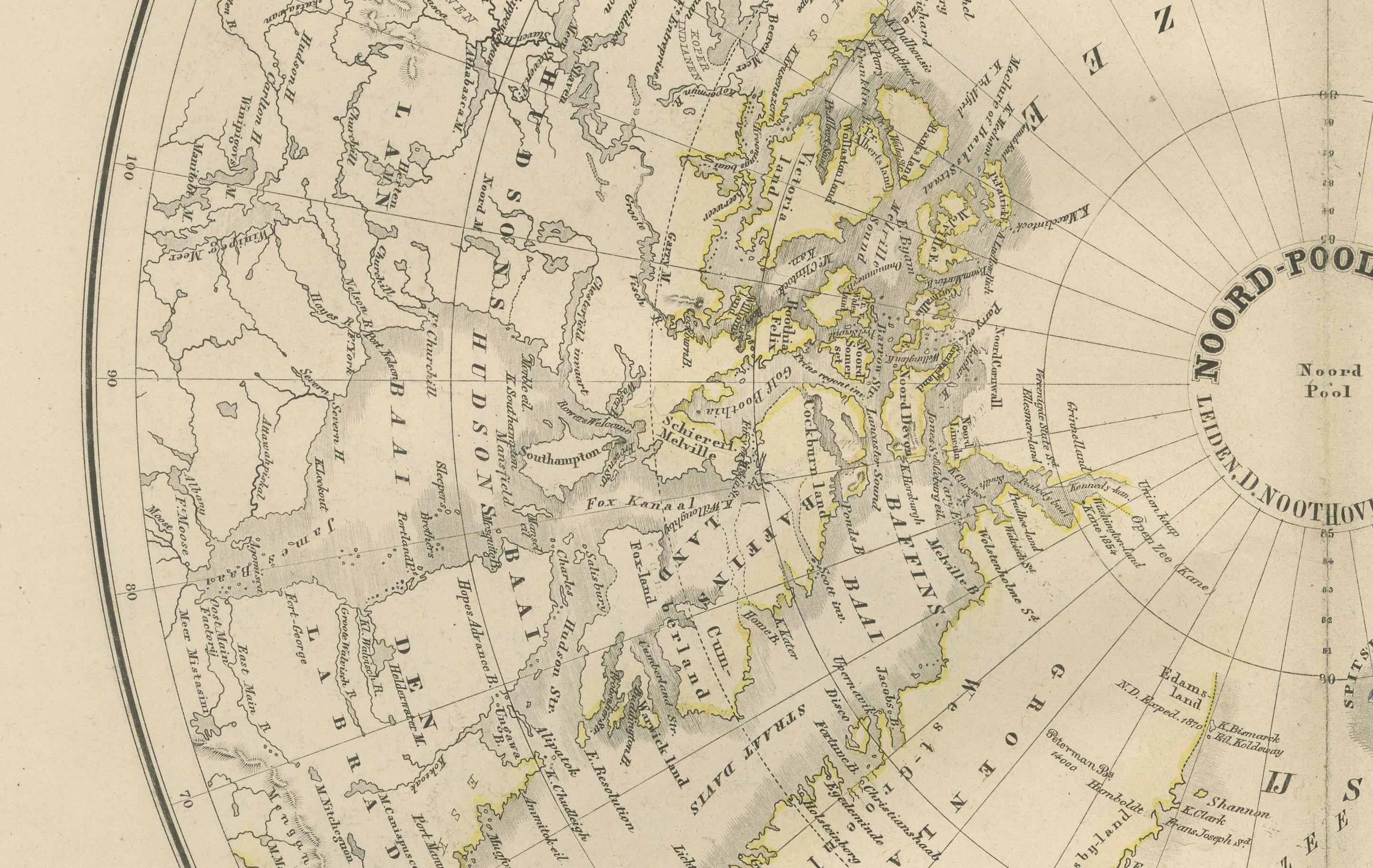 Papier Carte de l'hémisphère nord centrée sur le pôle nord, Leyde 1876 en vente