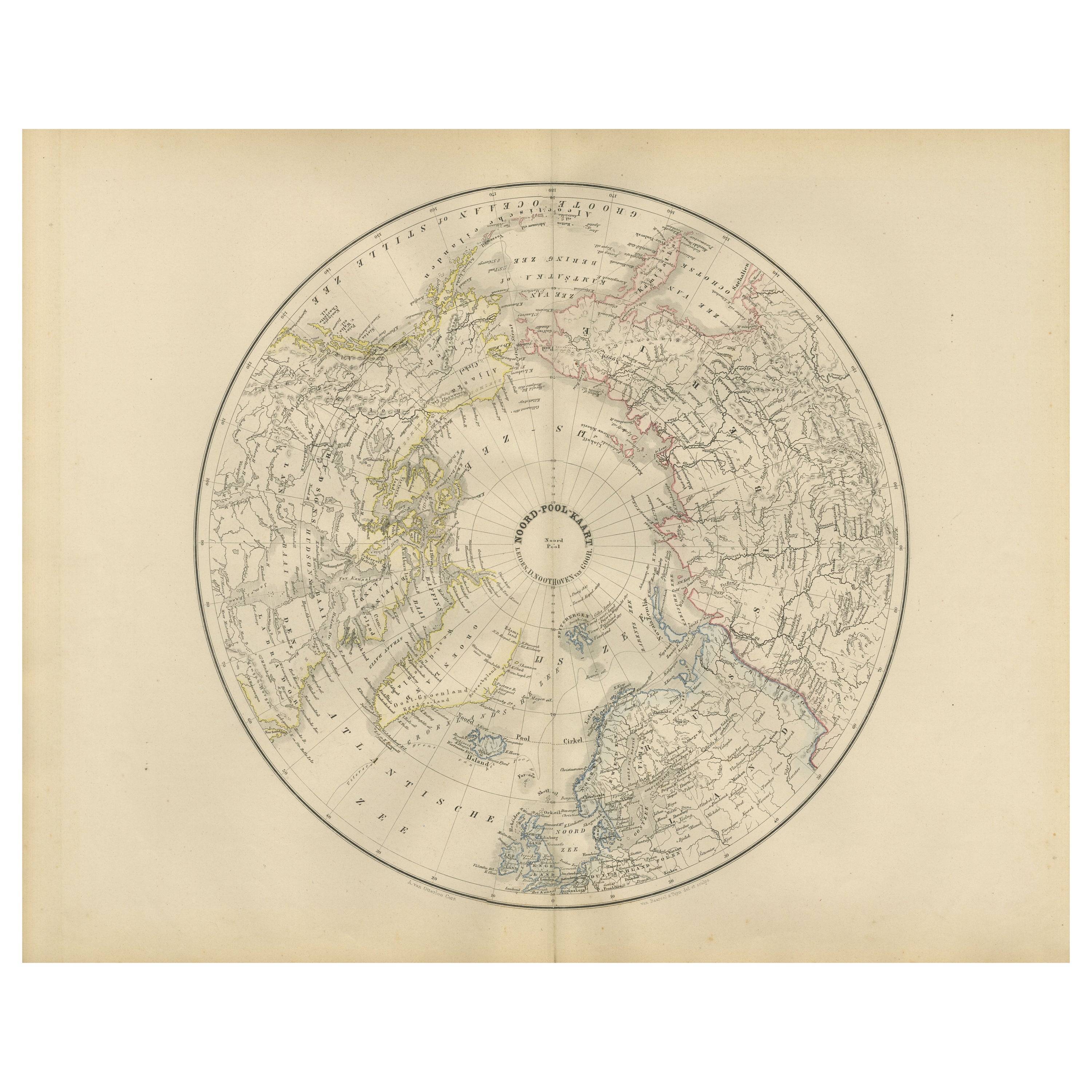 Northern Hemisphere Map Centered on the North Pole, Leiden 1876