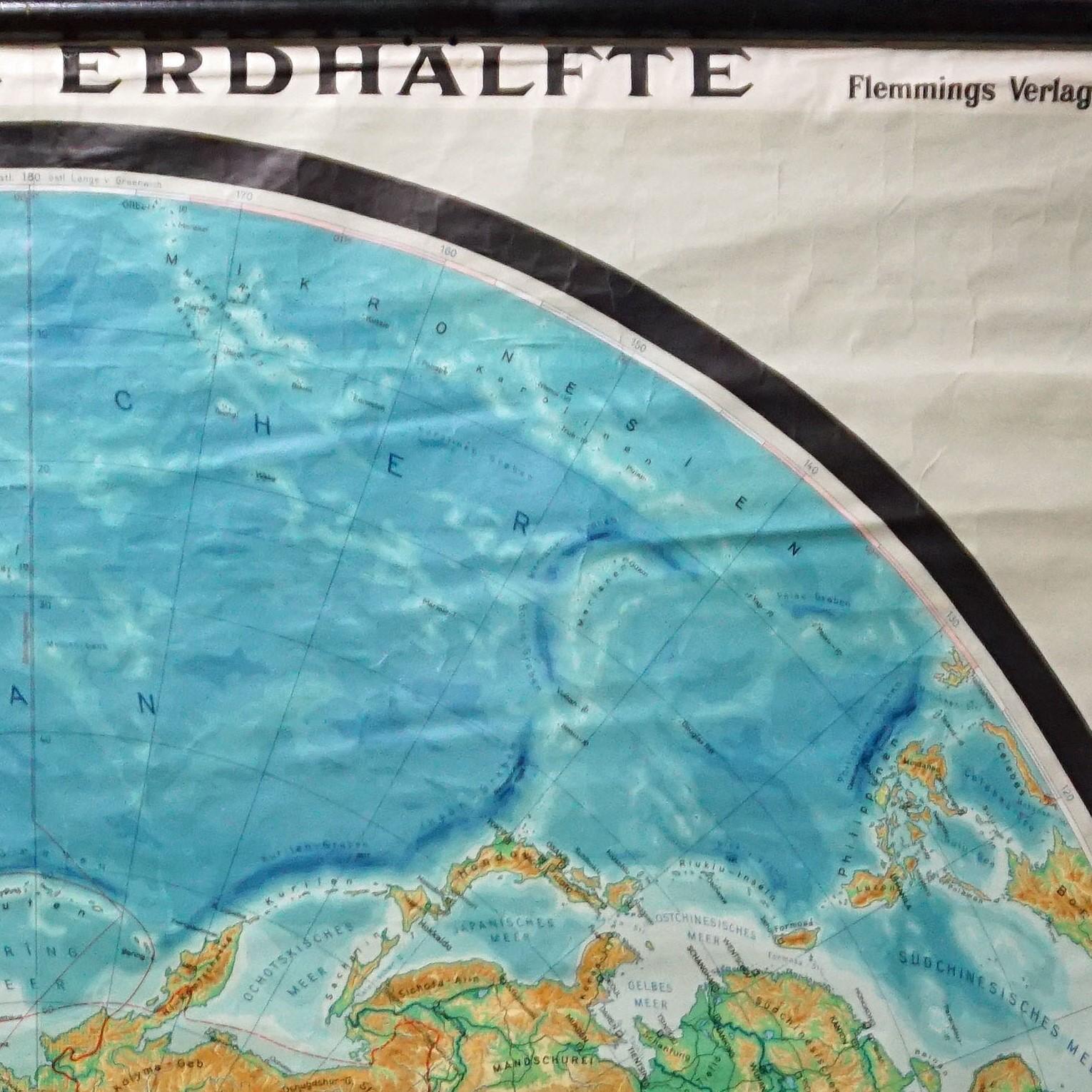 German Northern Hemisphere of the Earth Rollable Map Vintage Wall Chart World Mural For Sale