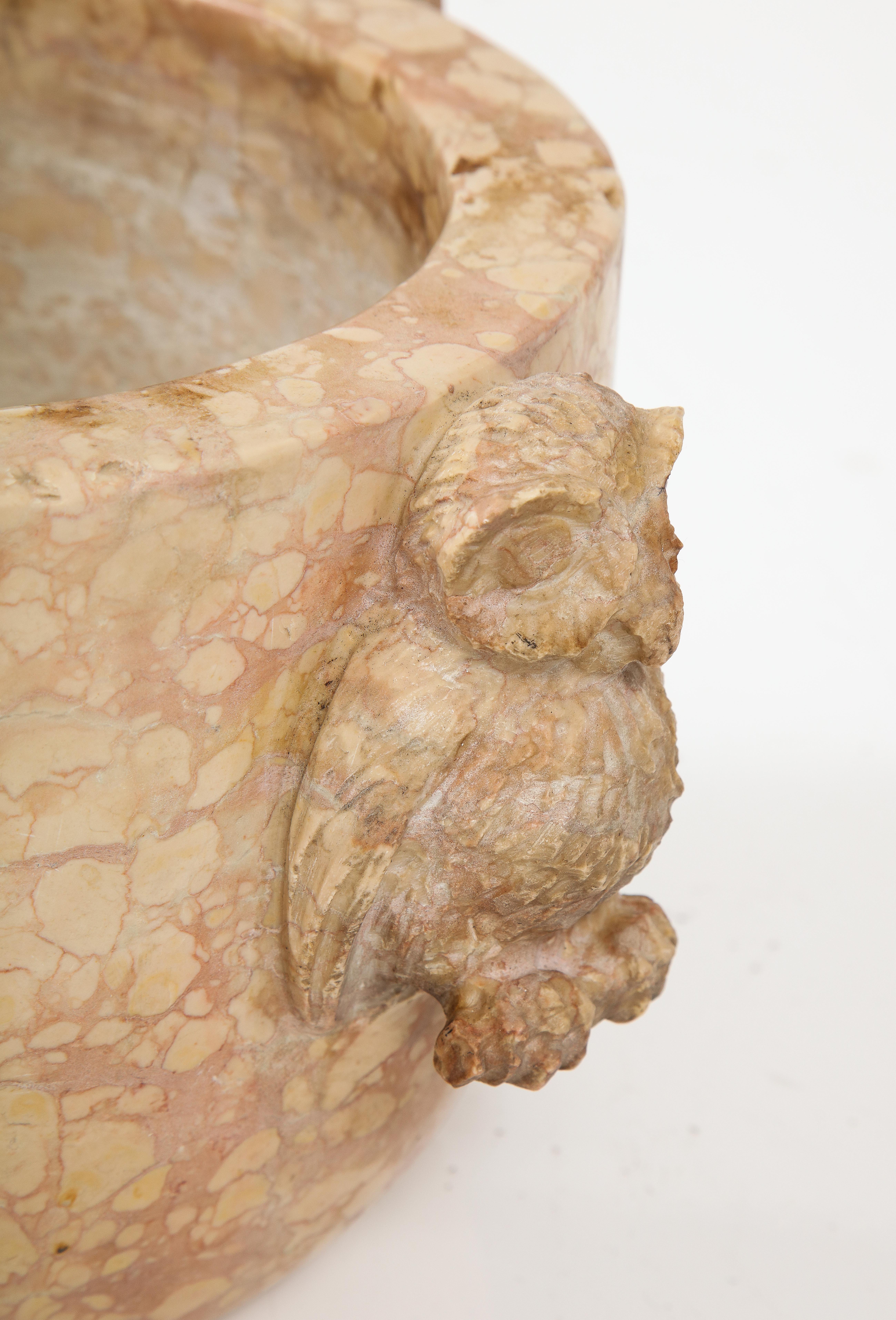 Norditalienischer Marmormormormortar aus dem 17. Jahrhundert mit geschnitzter Eulendekoration im Angebot 1