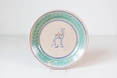 Northern Italian 1910s Pottery Platter with Blue Deer Motif and Weathered Patina
