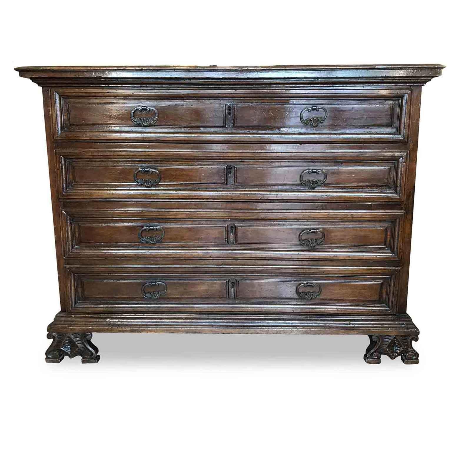 Carved Northern Italian Baroque Walnut Commode 18th Century Chest of Four Drawers
