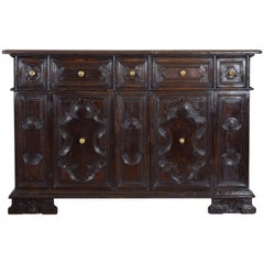 Northern Italian Brescia, Baroque Walnut 5-Drawer, 2-Door Credenza, 17th Century
