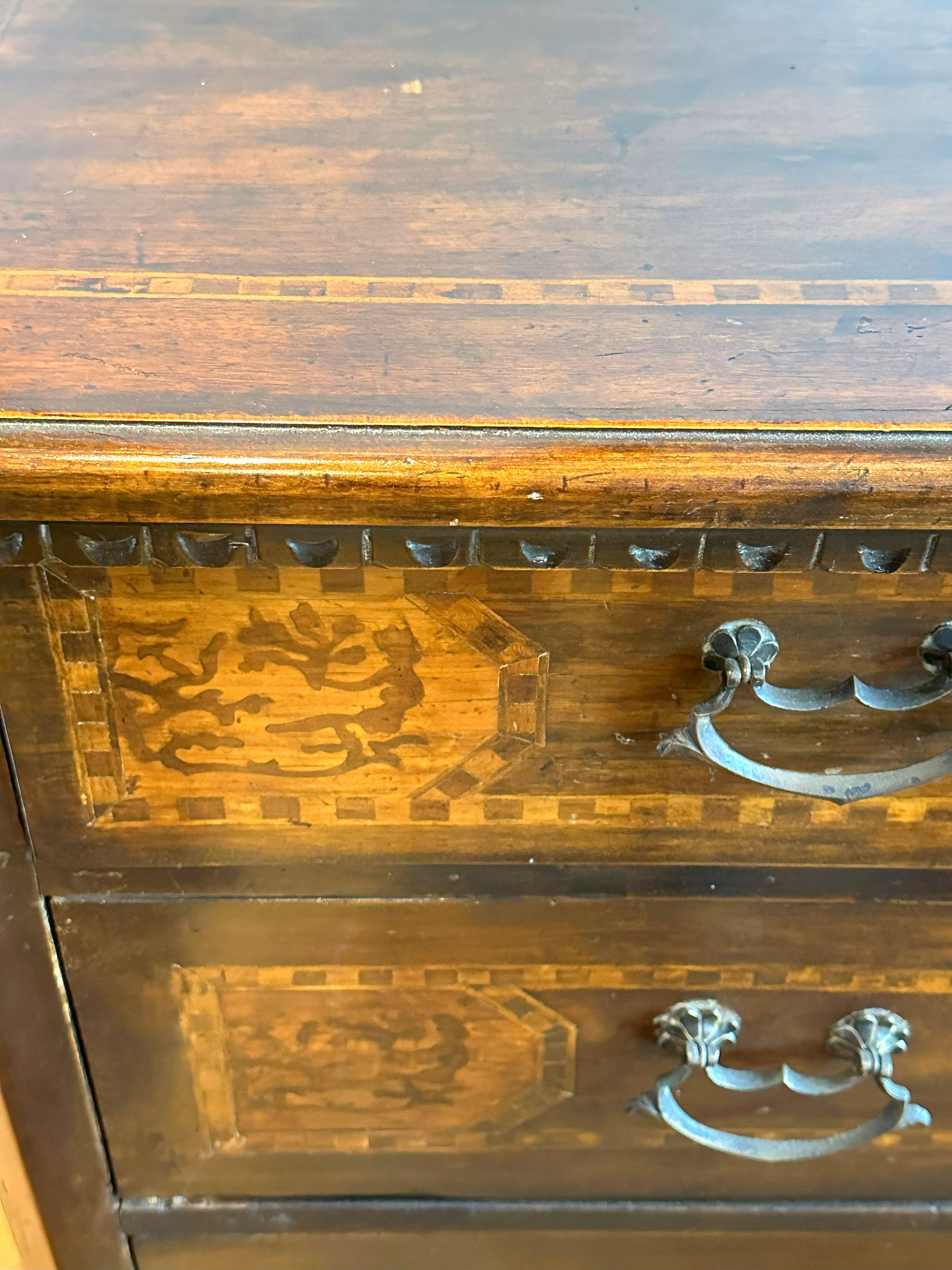 Carved Northern Italian Inlaid Walnut Chest of Drawers  For Sale