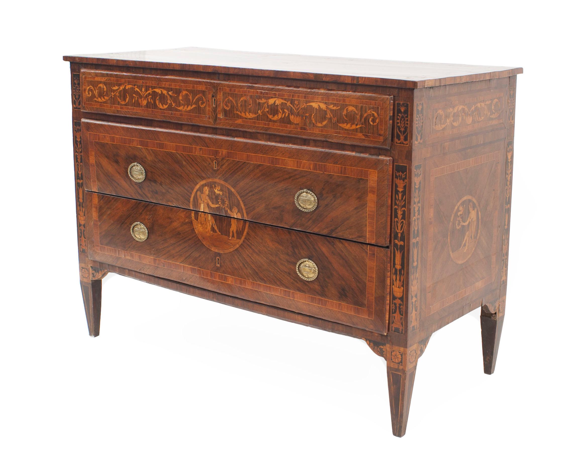 Northern Italian (late 18th Century) Neo-classical walnut commode with marquetry & a round inlaid medallion top with 3 drawers, 2 having brass urn handles (in the style of GIUSEPPE MAGGIOLINI)
