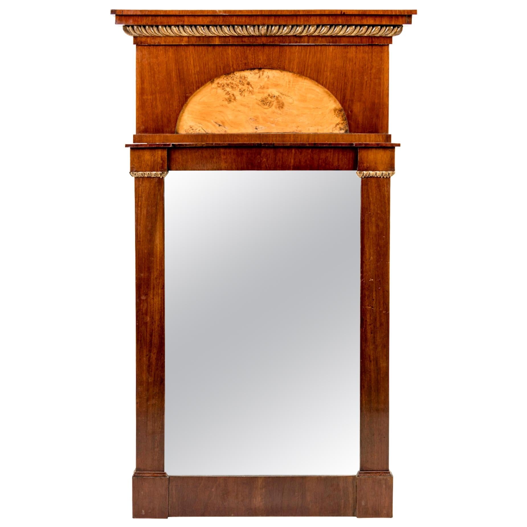 Northern Italian Neoclasical Walnut Mirror with Giltwood Decoration For Sale