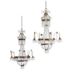 Northern Italian Neoclassical Pair Brass and Glass 4-Light Chandeliers