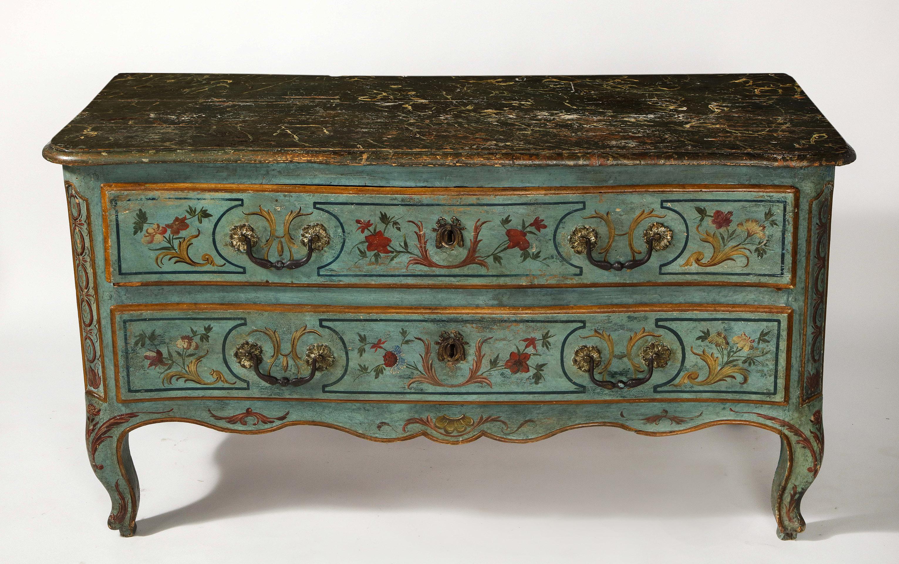 The Robin's Egg Blue painted 2 drawer commode having original paint, the top faux marbled, the front and sides decorated with a floral design.